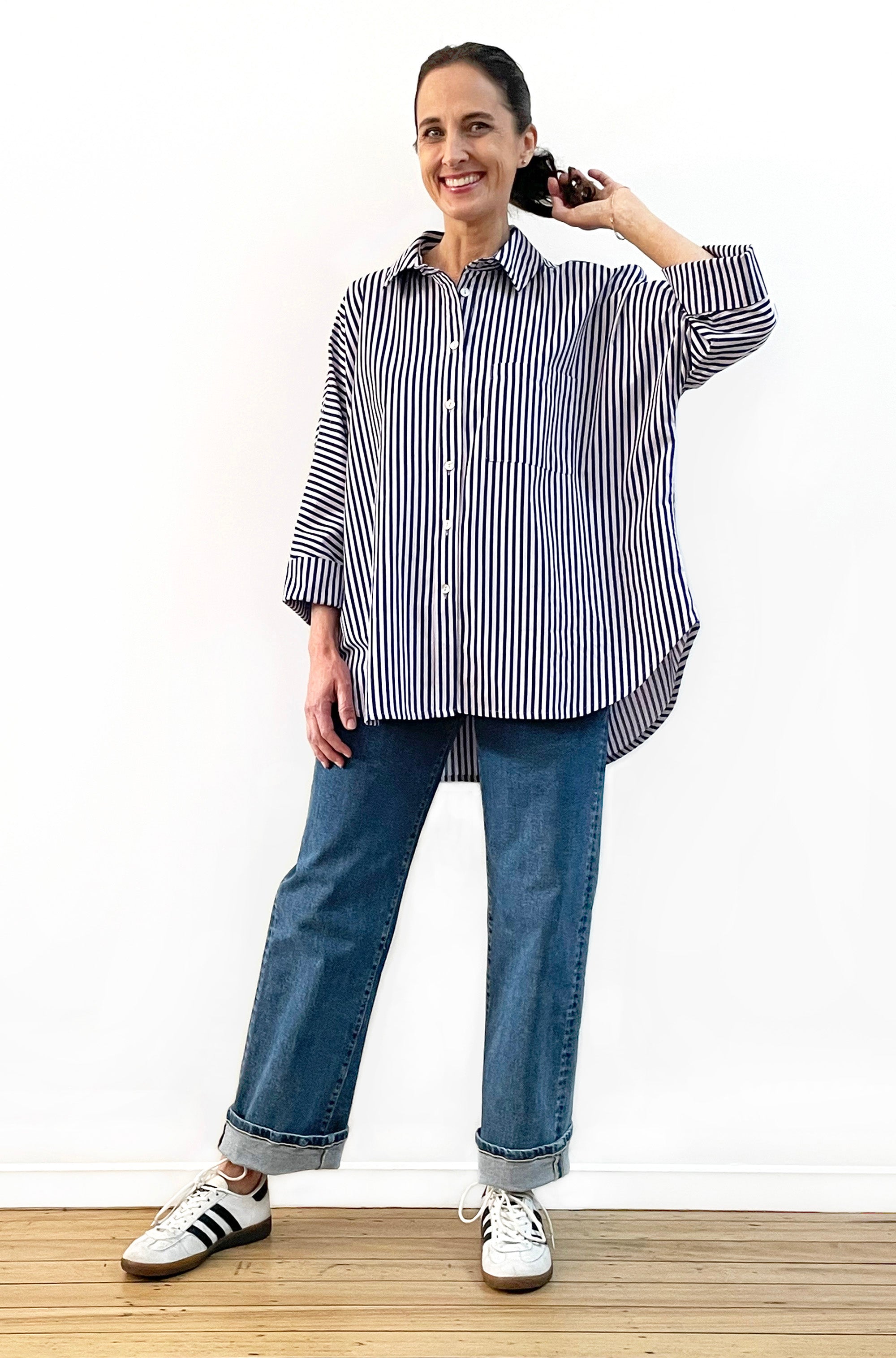COTTON KIMONO SLEEVE SHIRT NAVY/LILAC STRIPE