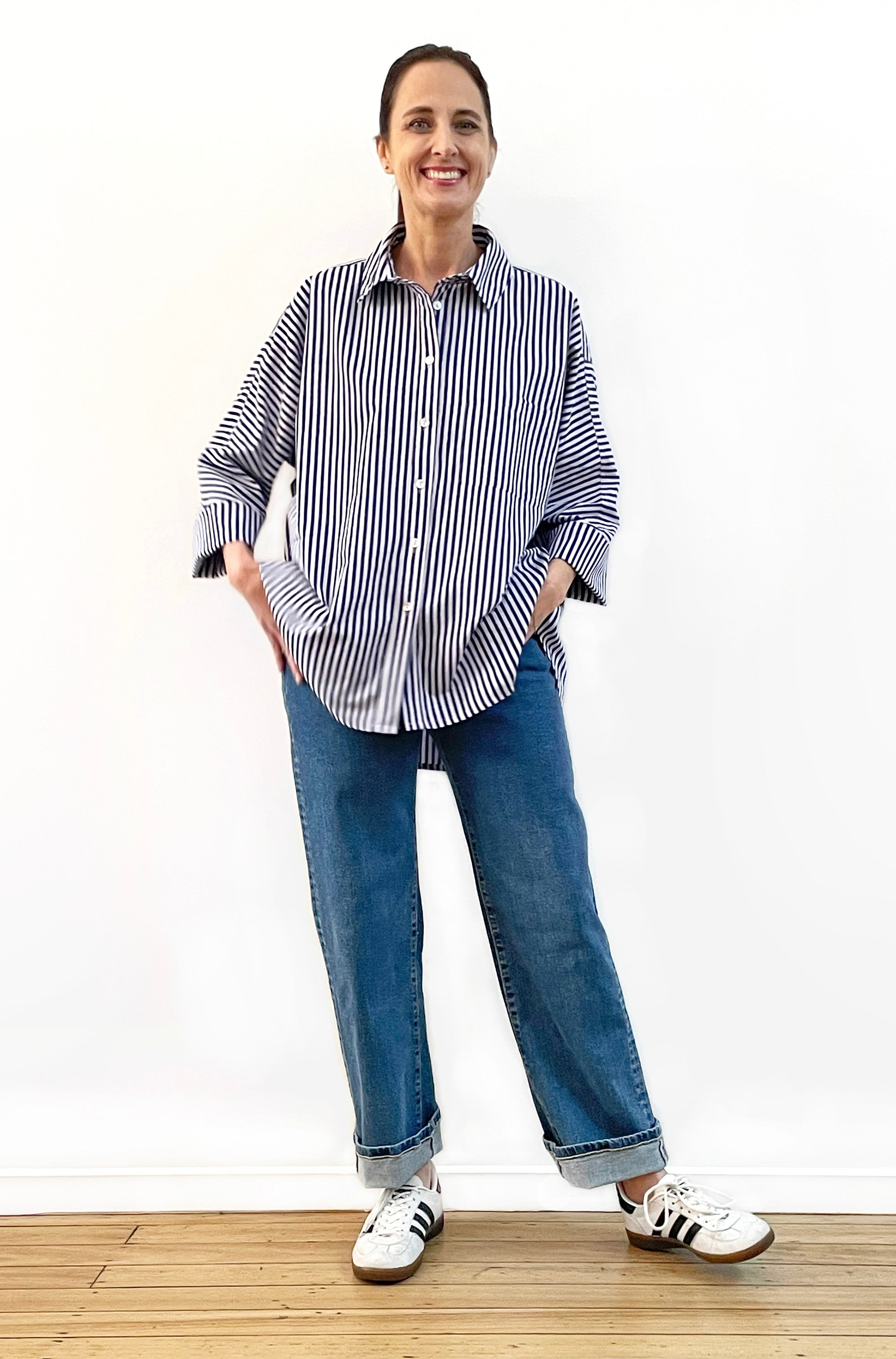 COTTON KIMONO SLEEVE SHIRT NAVY/LILAC STRIPE
