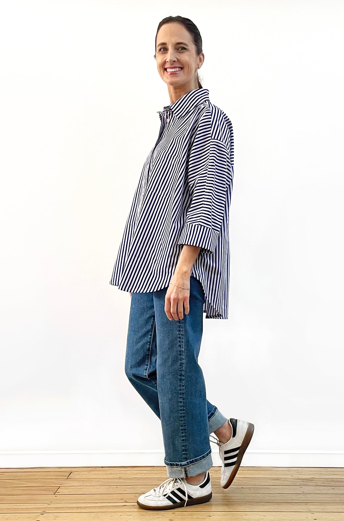 COTTON KIMONO SLEEVE SHIRT NAVY/LILAC STRIPE