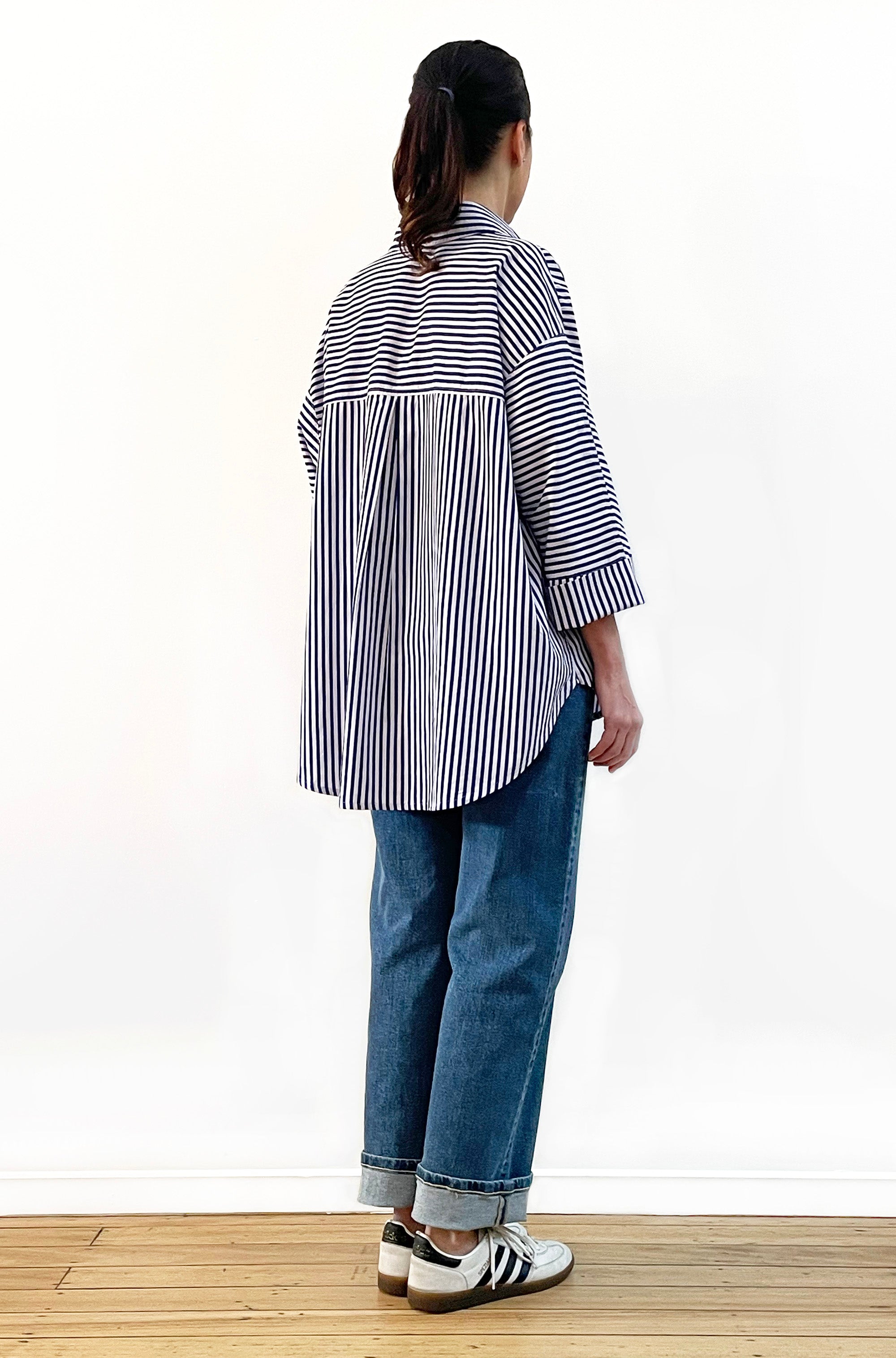 COTTON KIMONO SLEEVE SHIRT NAVY/LILAC STRIPE