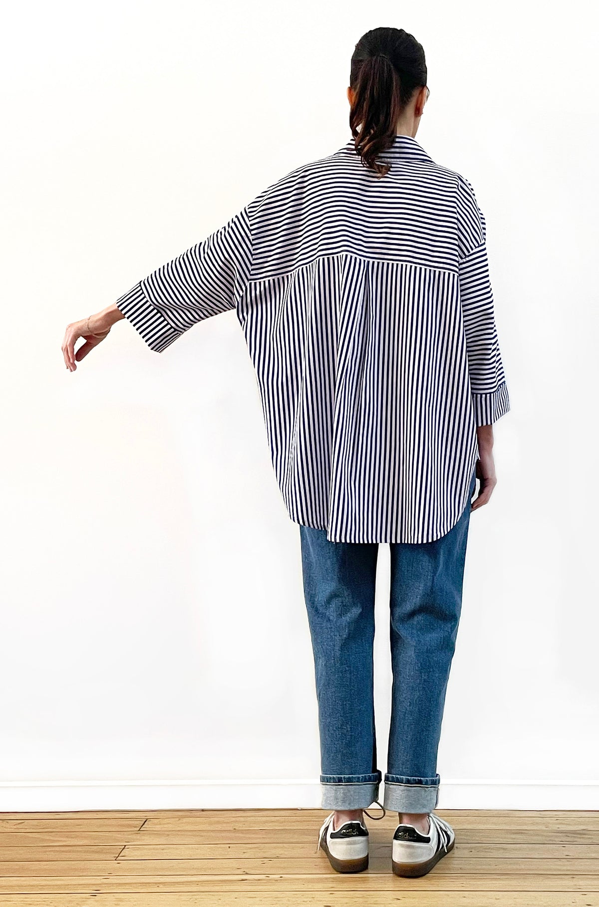 COTTON KIMONO SLEEVE SHIRT NAVY/LILAC STRIPE