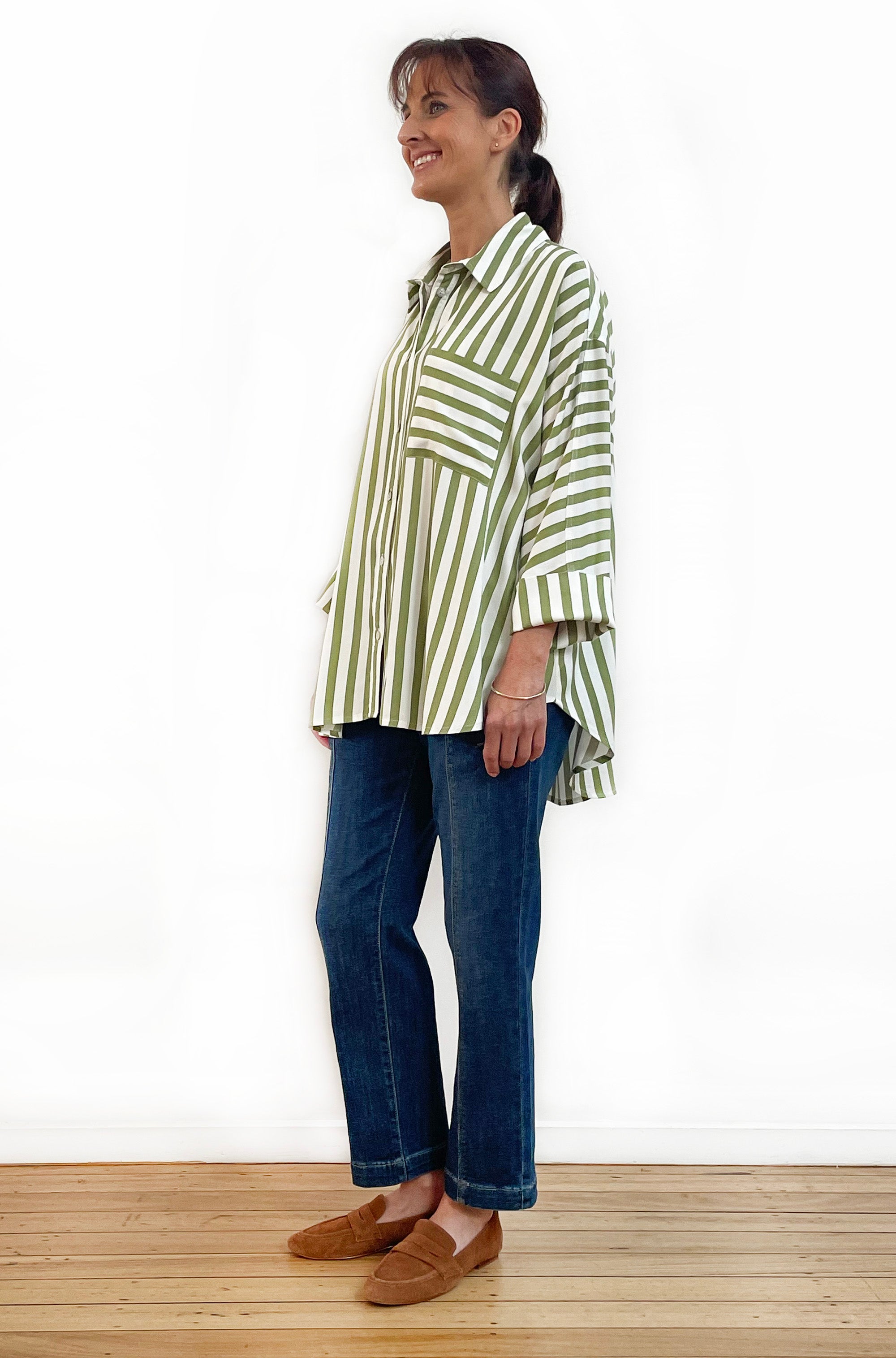 KIMONO SLEEVE SHIRT WASABI STRIPE