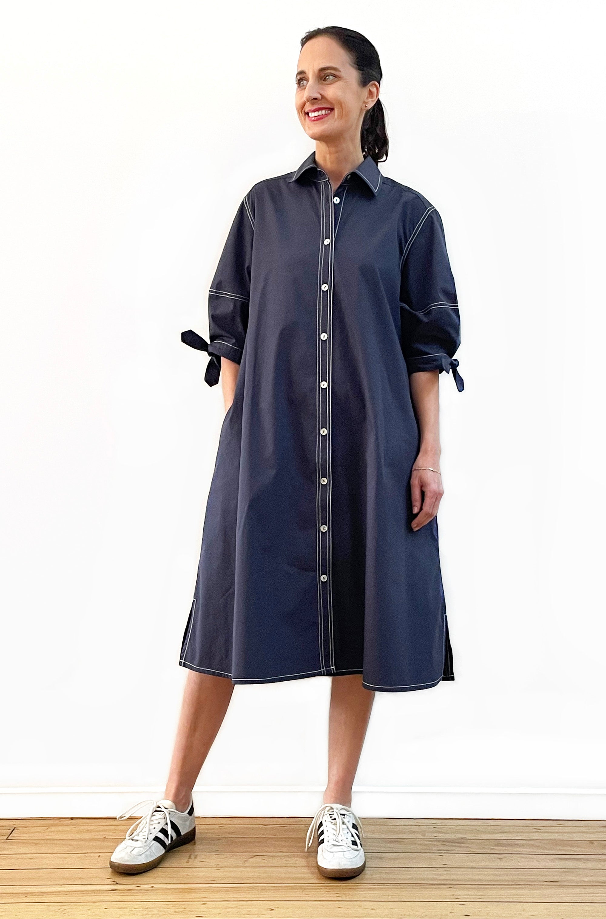 COTTON LANTERN SLEEVE SHIRT DRESS WASHED NAVY