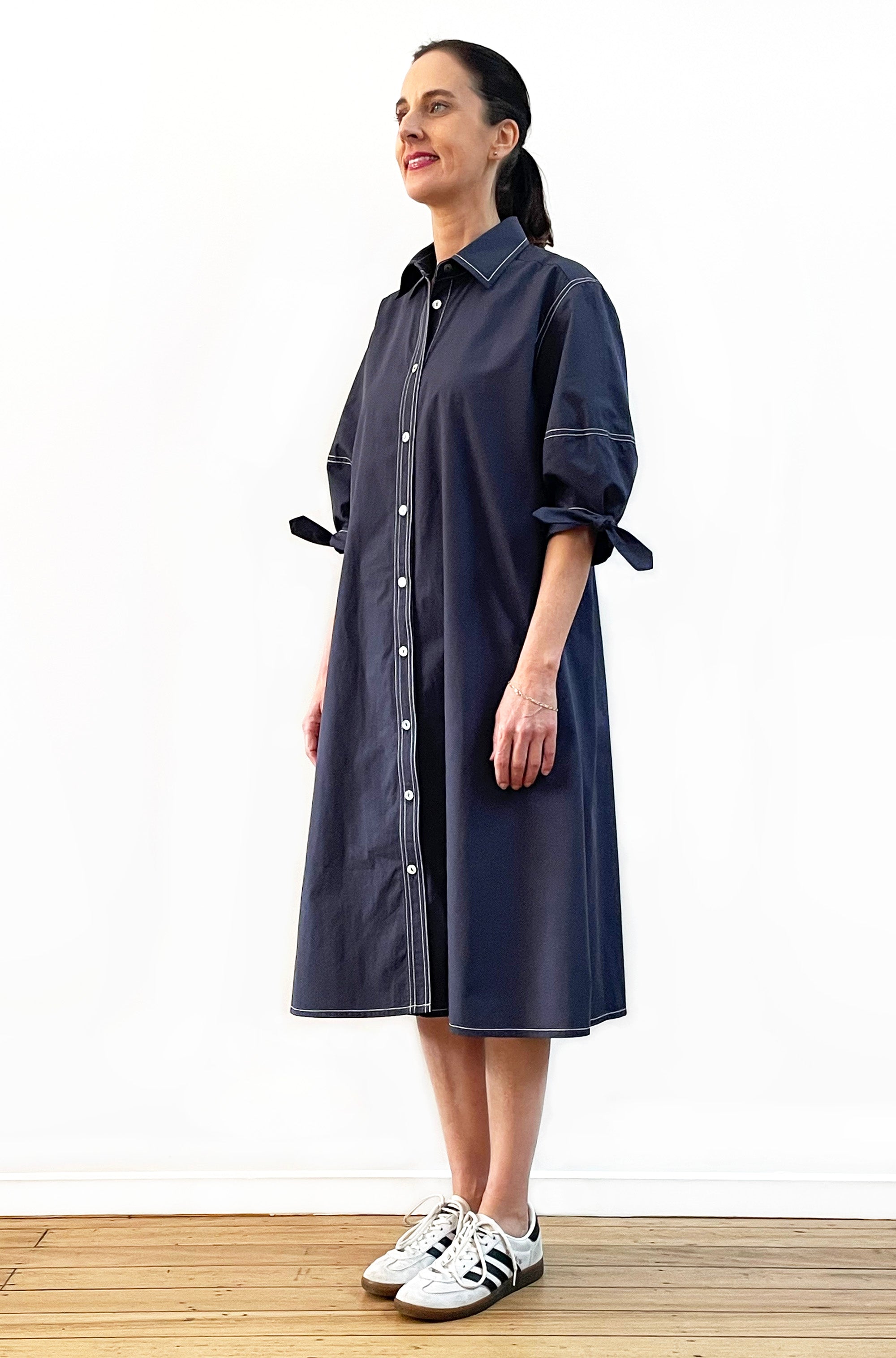 COTTON LANTERN SLEEVE SHIRT DRESS WASHED NAVY