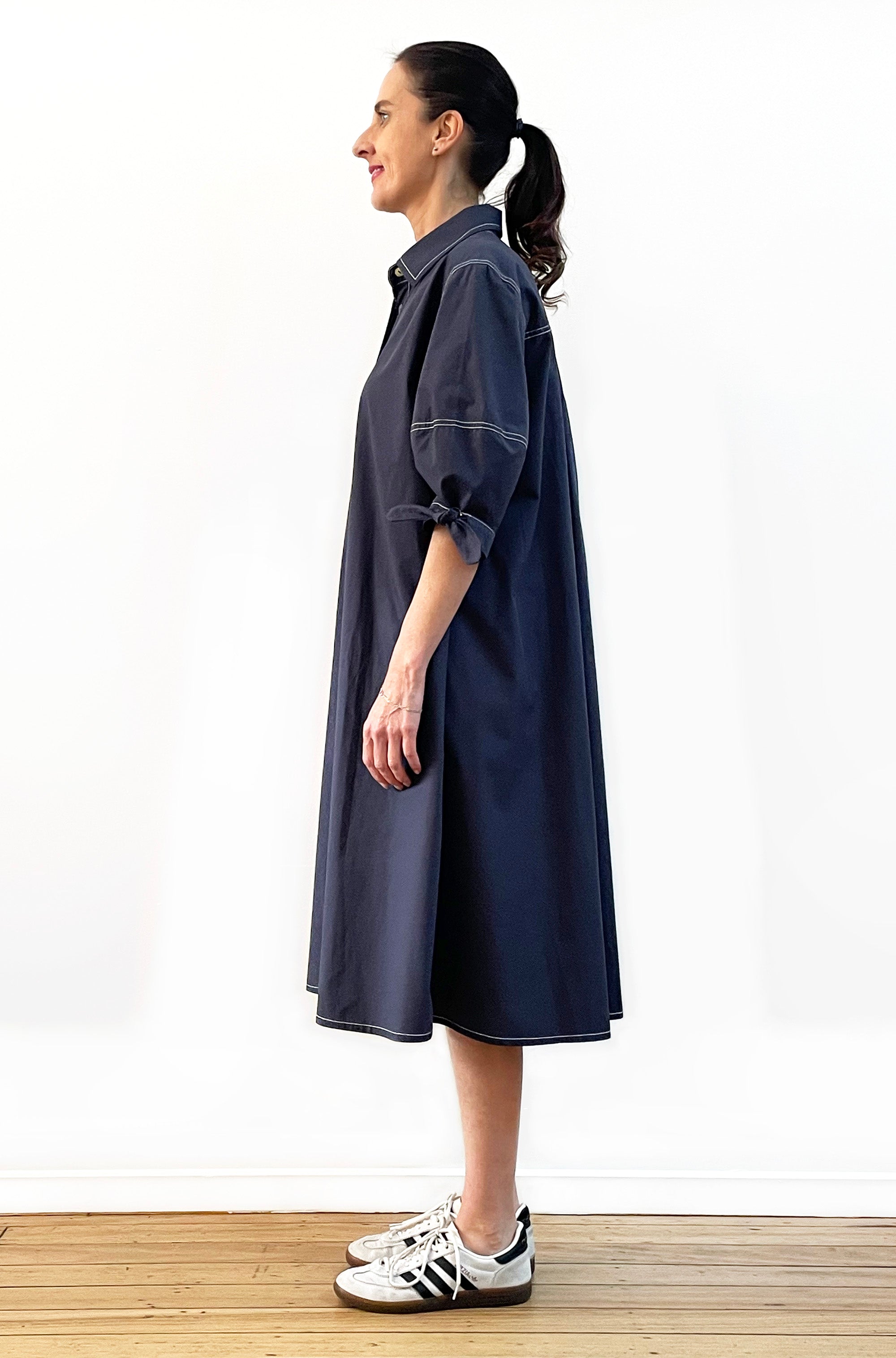 COTTON LANTERN SLEEVE SHIRT DRESS WASHED NAVY