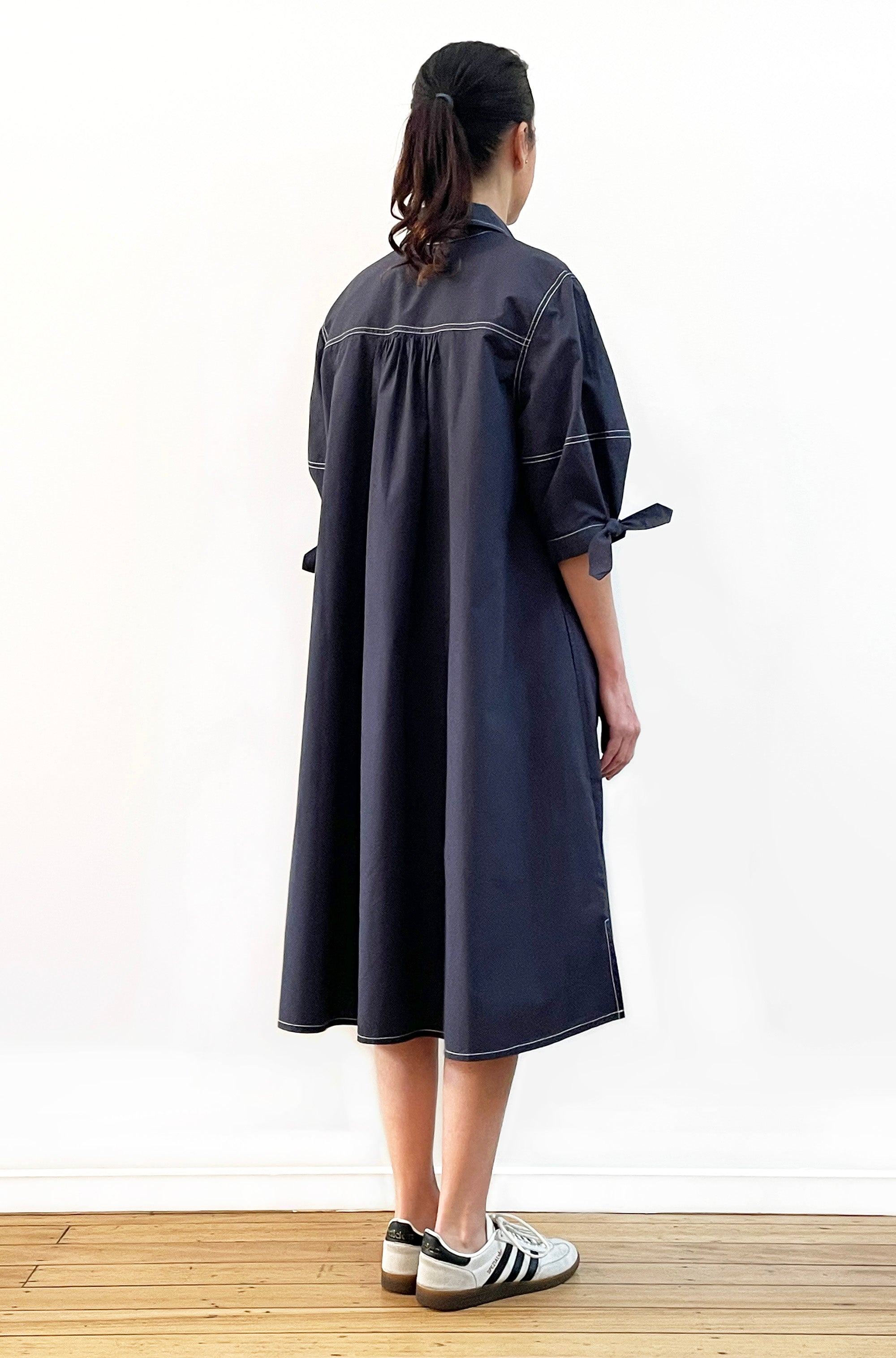 COTTON LANTERN SLEEVE SHIRT DRESS WASHED NAVY