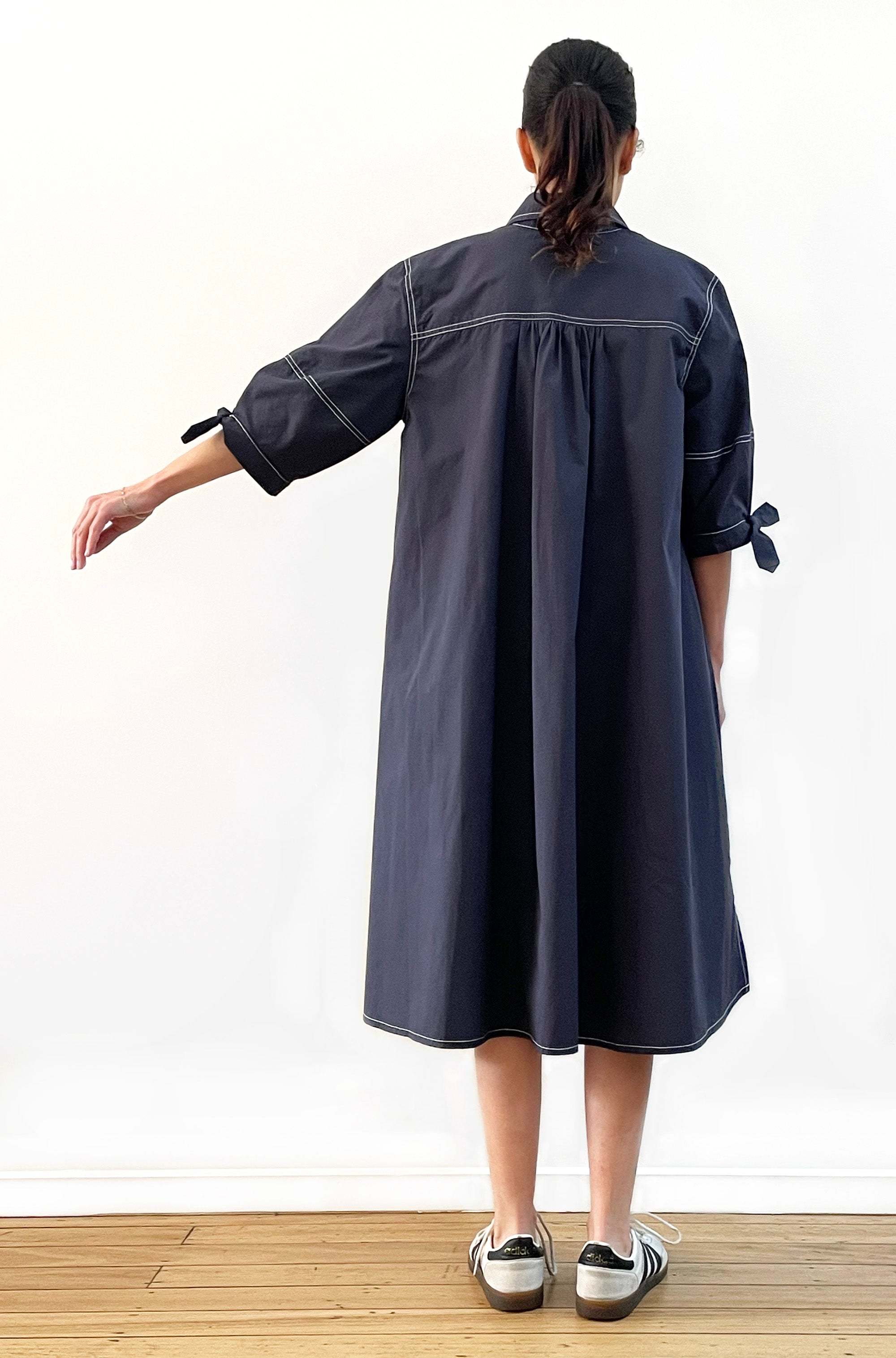 COTTON LANTERN SLEEVE SHIRT DRESS WASHED NAVY
