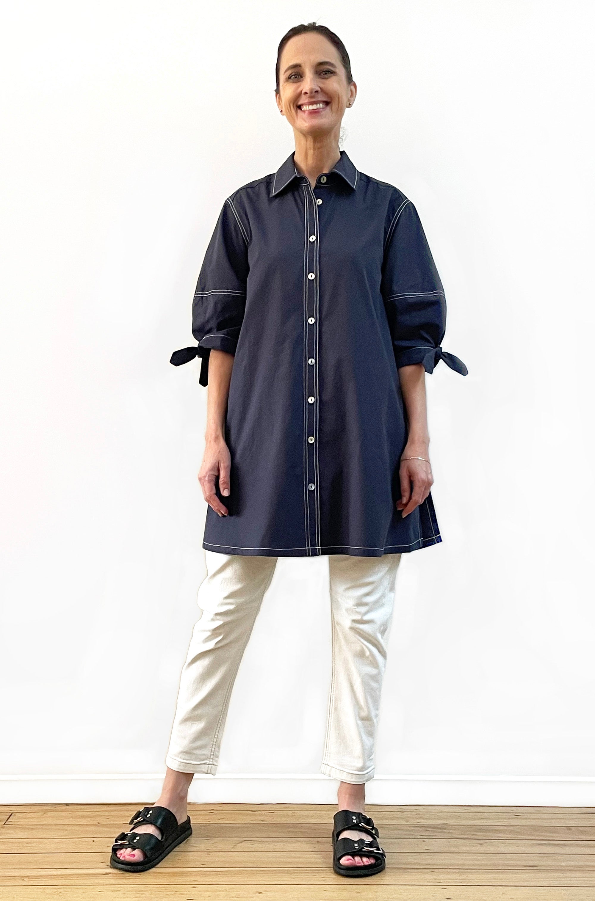 COTTON LANTERN SLEEVE SWING SHIRT WASHED NAVY