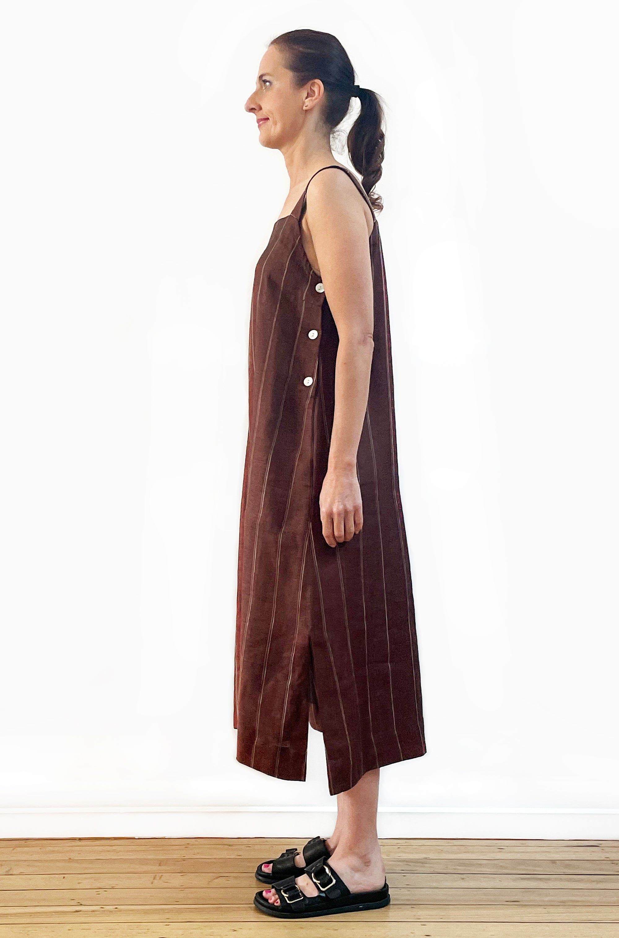 LINEN APRON DRESS CHESTNUT BROWN STRIPE