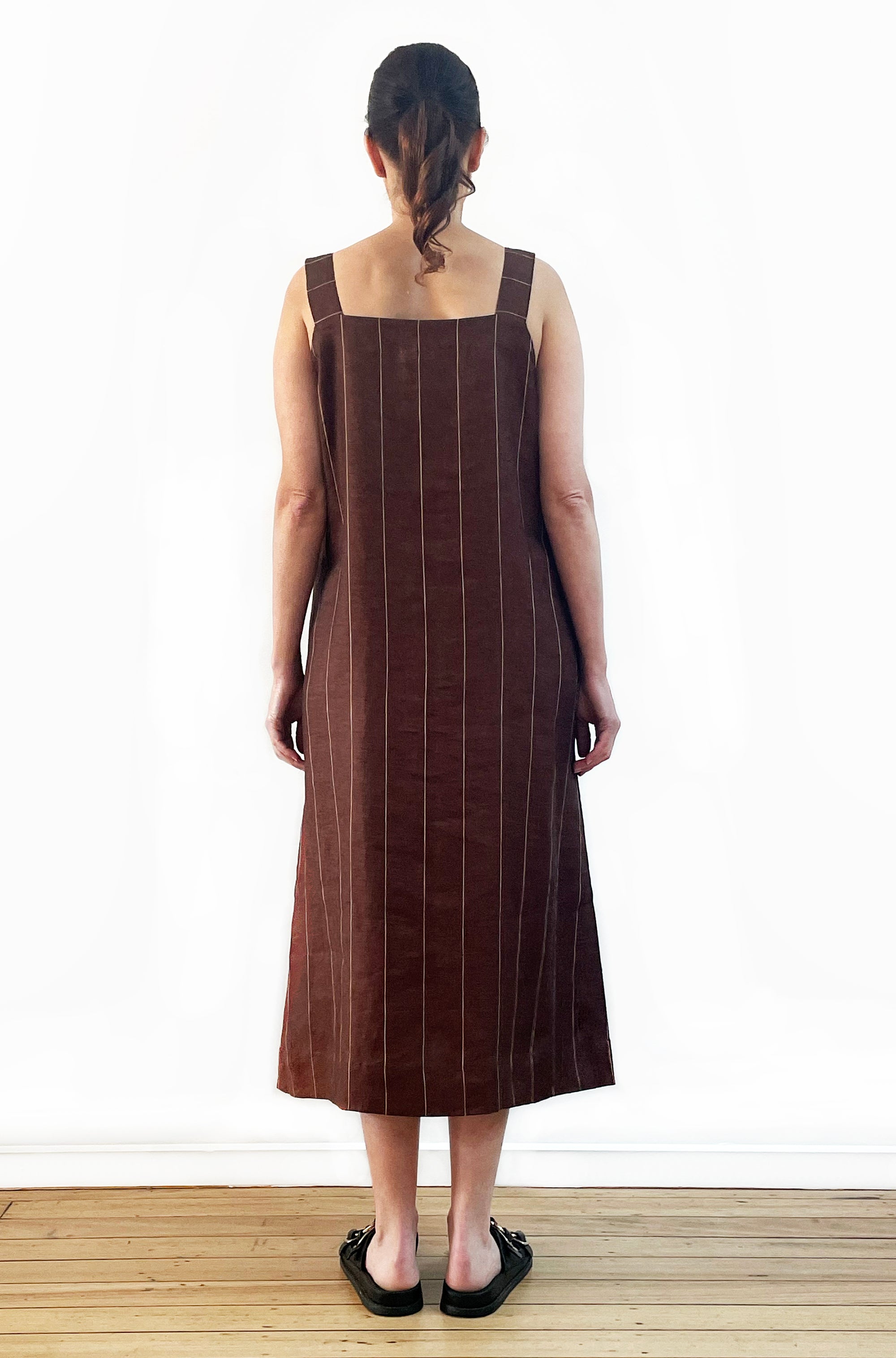 LINEN APRON DRESS CHESTNUT BROWN STRIPE