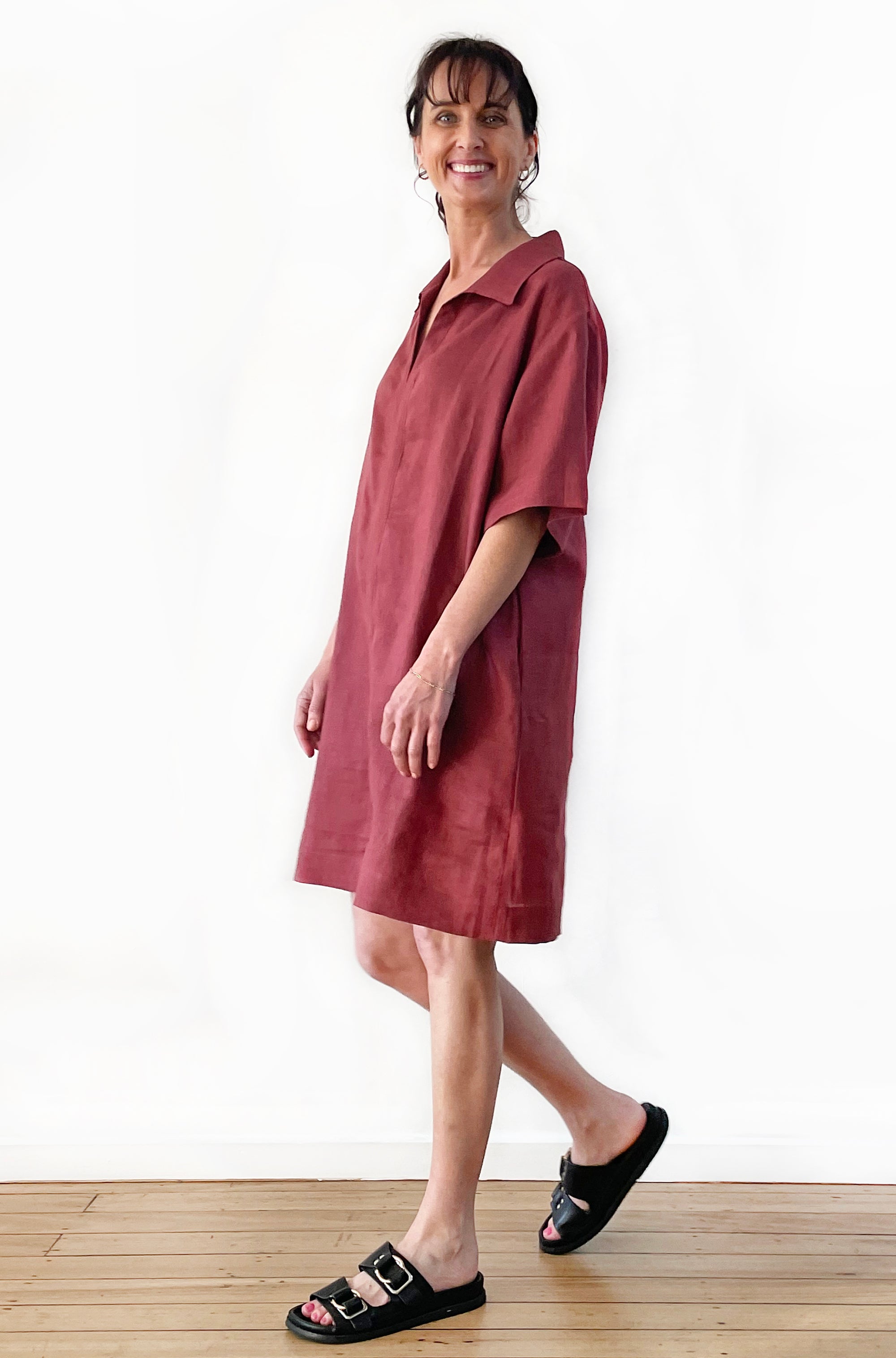 LINEN BOXY POPOVER SHIRT DRESS MERLOT