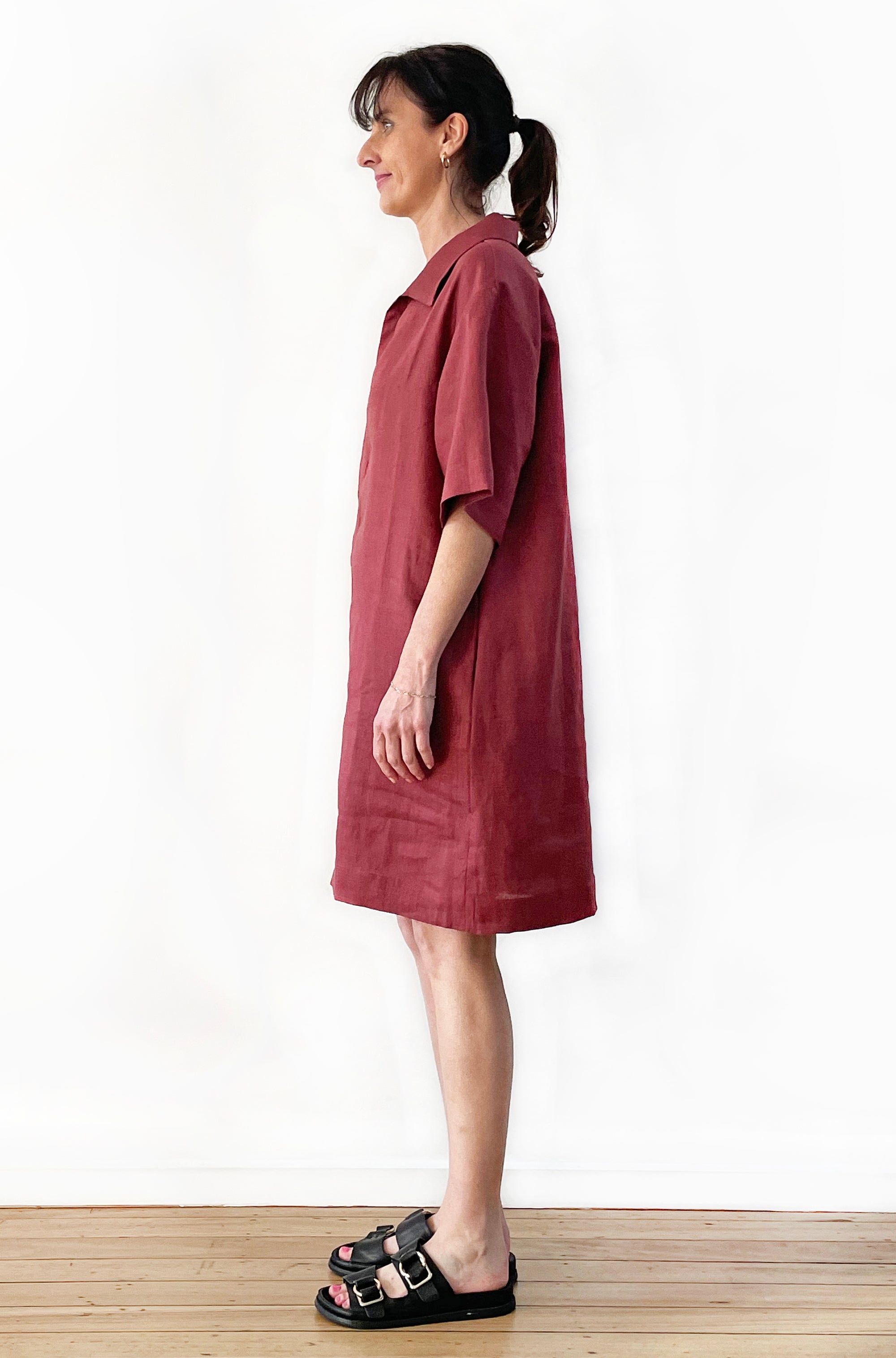 LINEN BOXY POPOVER SHIRT DRESS MERLOT