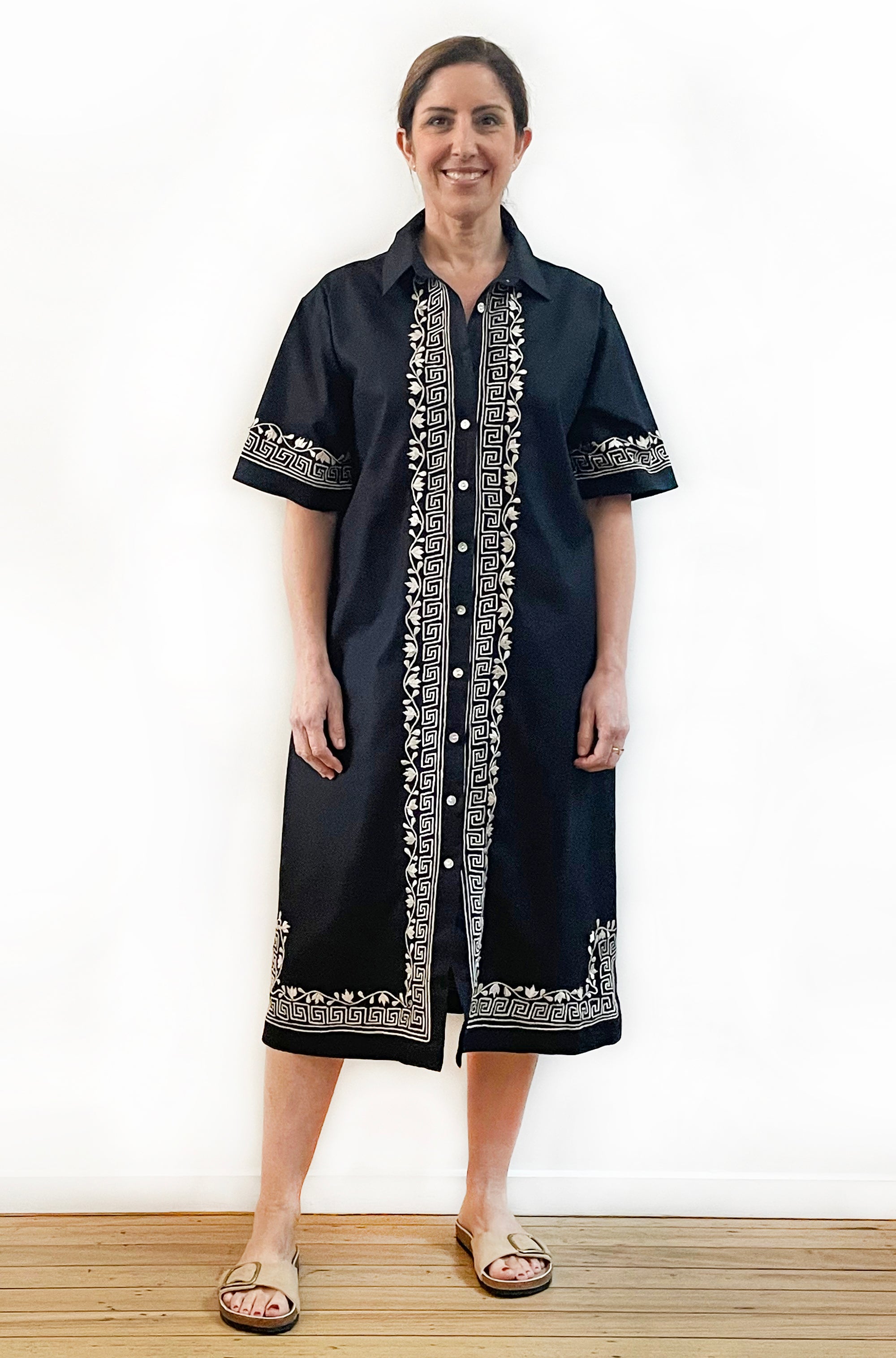 LINEN EMBROIDERED DRESS BLACK