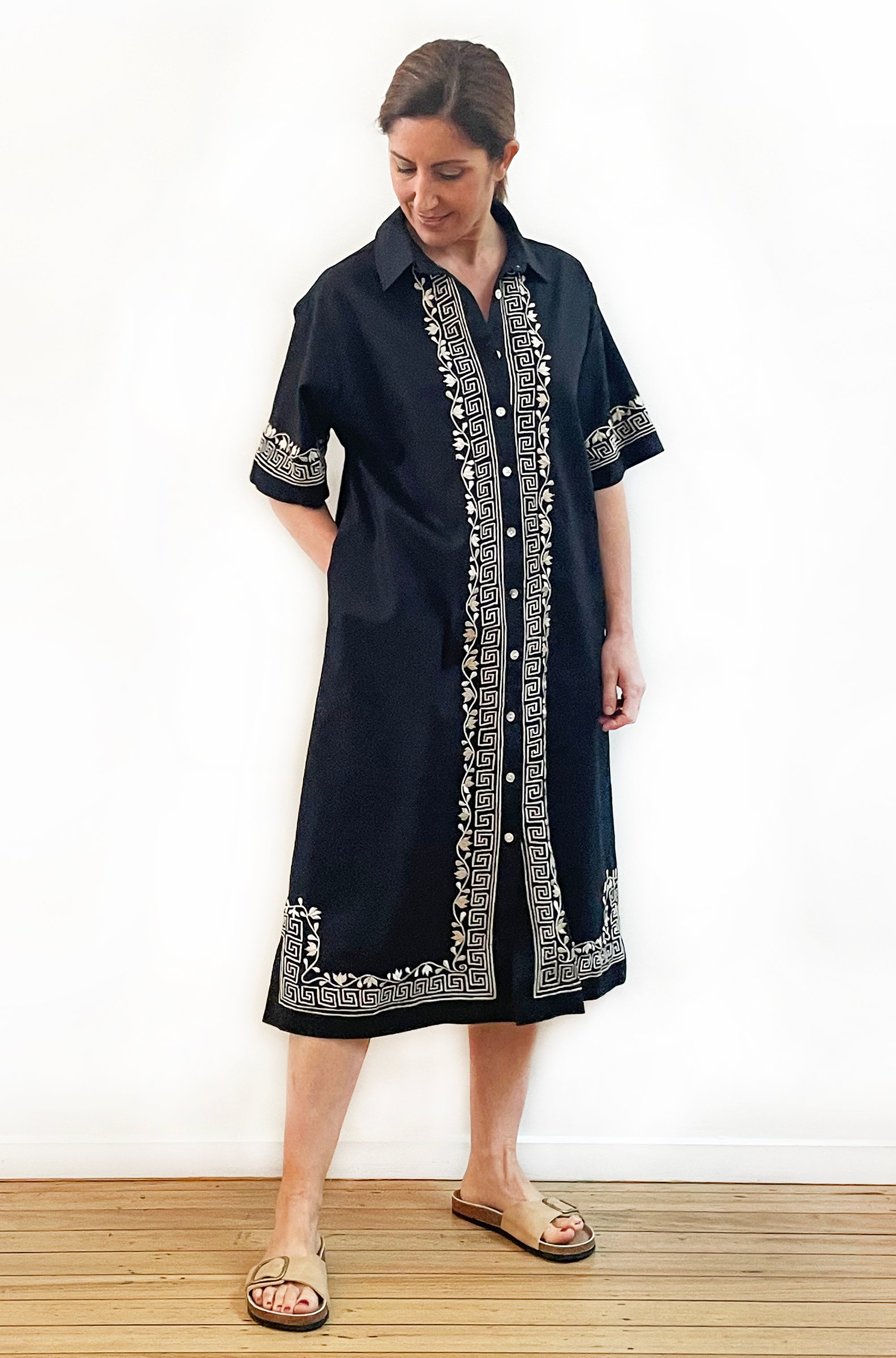 LINEN EMBROIDERED DRESS BLACK
