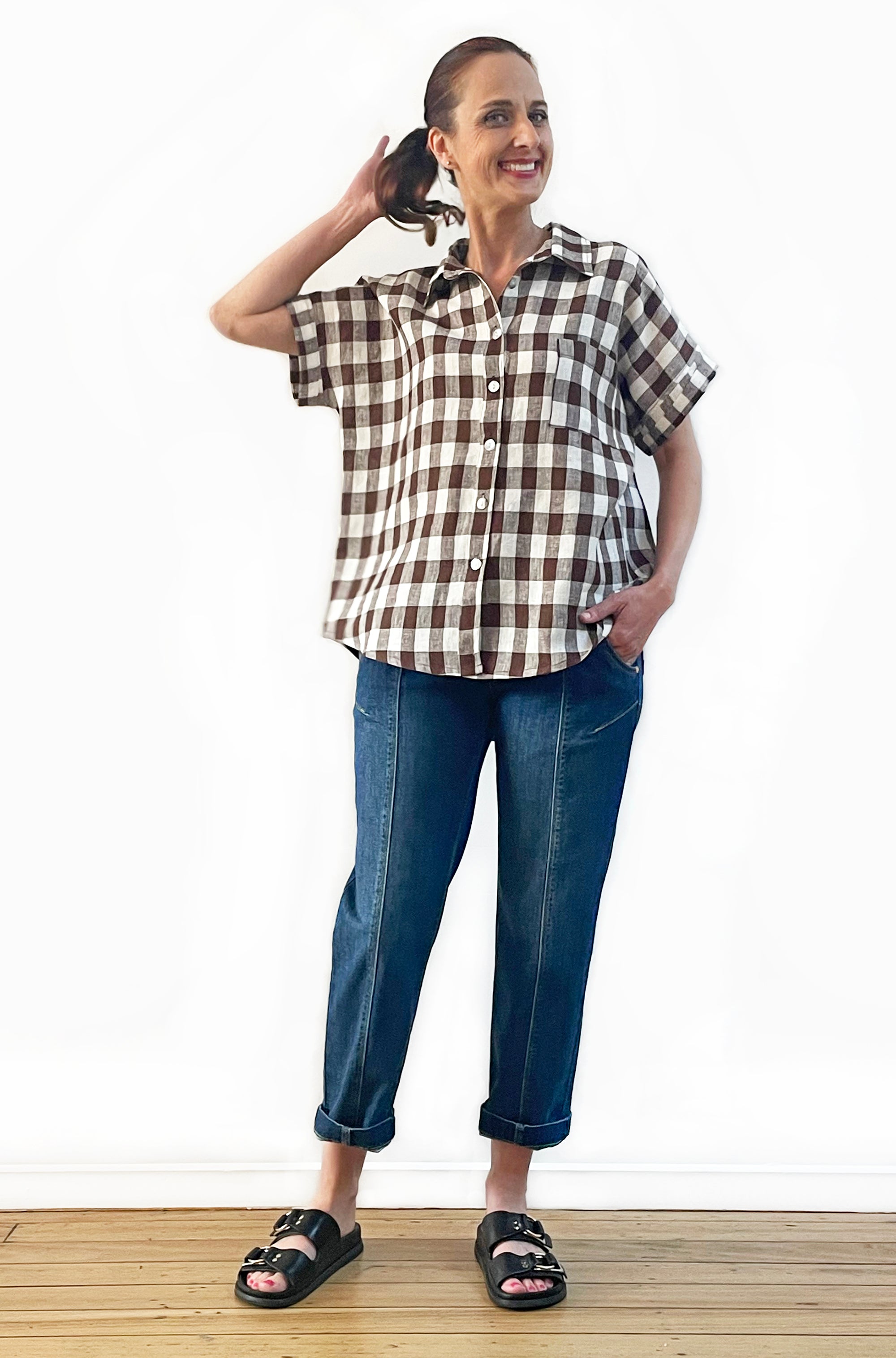 LINEN GATHERED BACK SHIRT CHECK