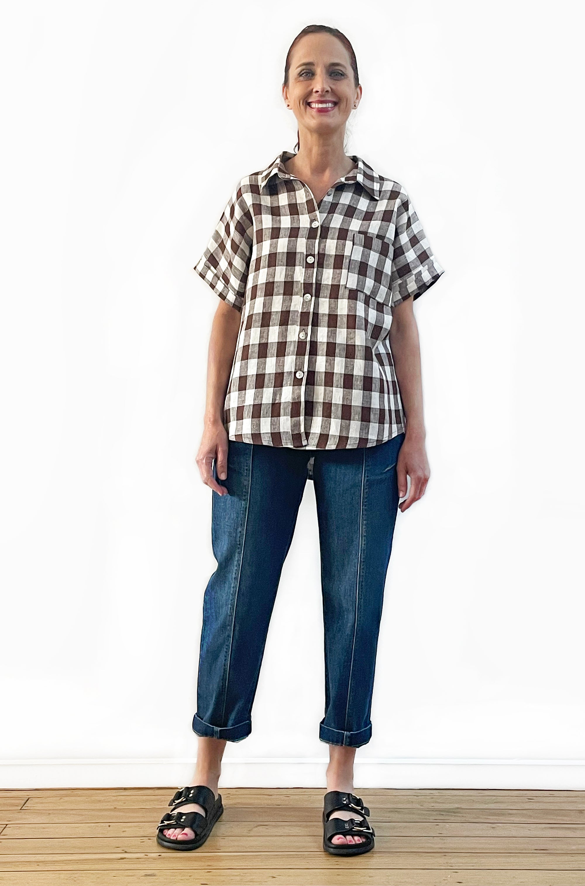 LINEN GATHERED BACK SHIRT CHECK