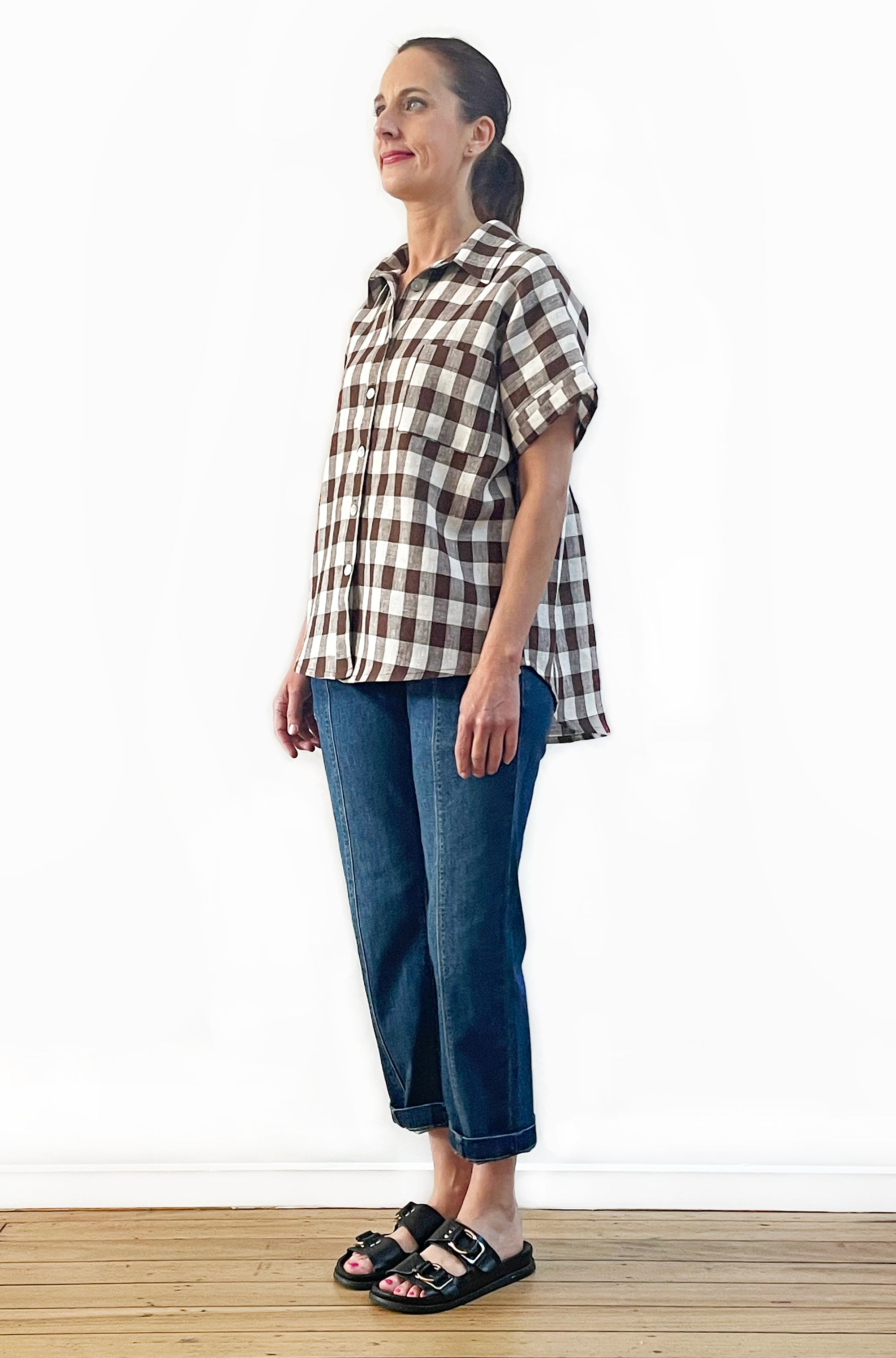 LINEN GATHERED BACK SHIRT CHECK