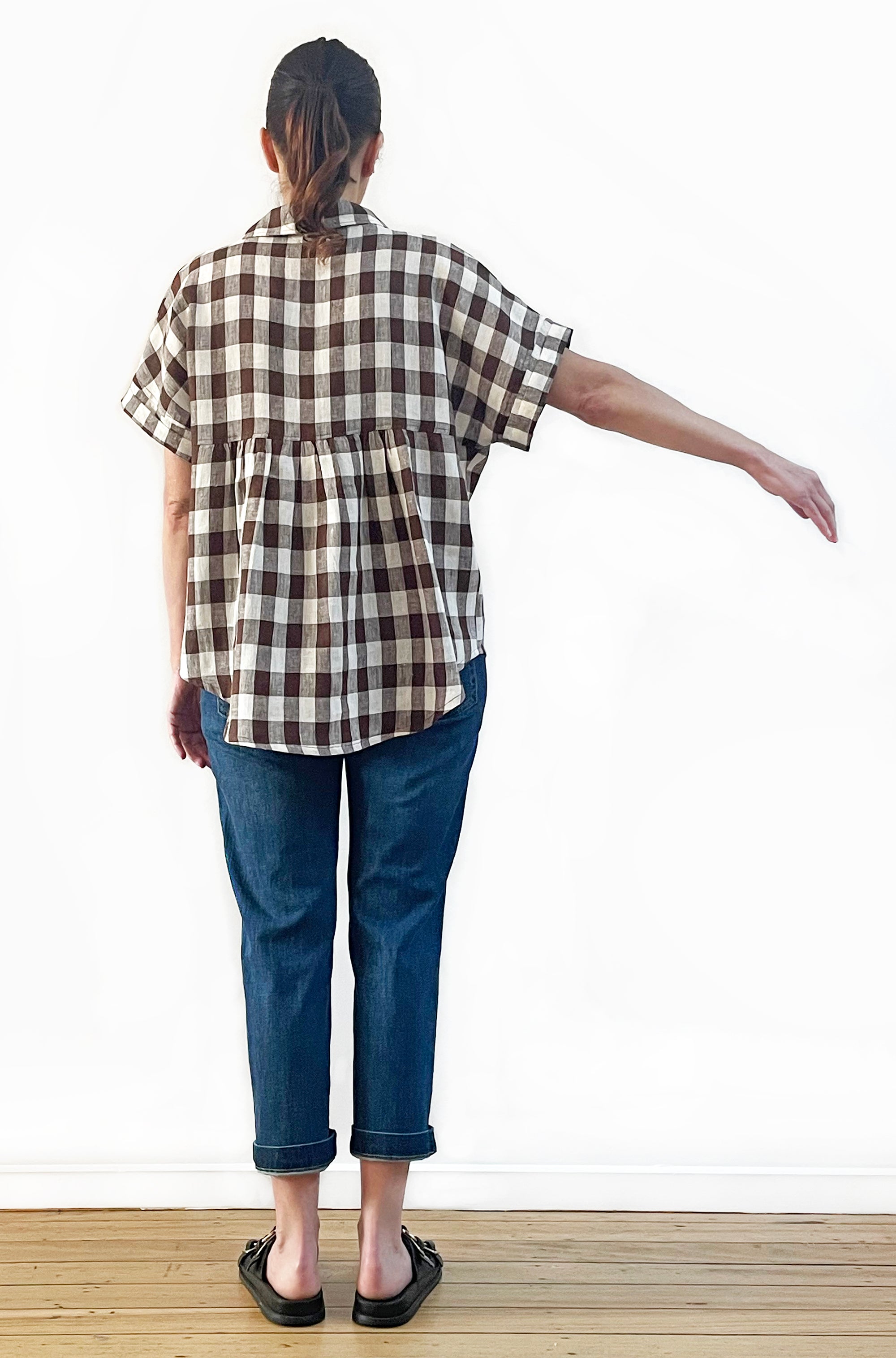 LINEN GATHERED BACK SHIRT CHECK