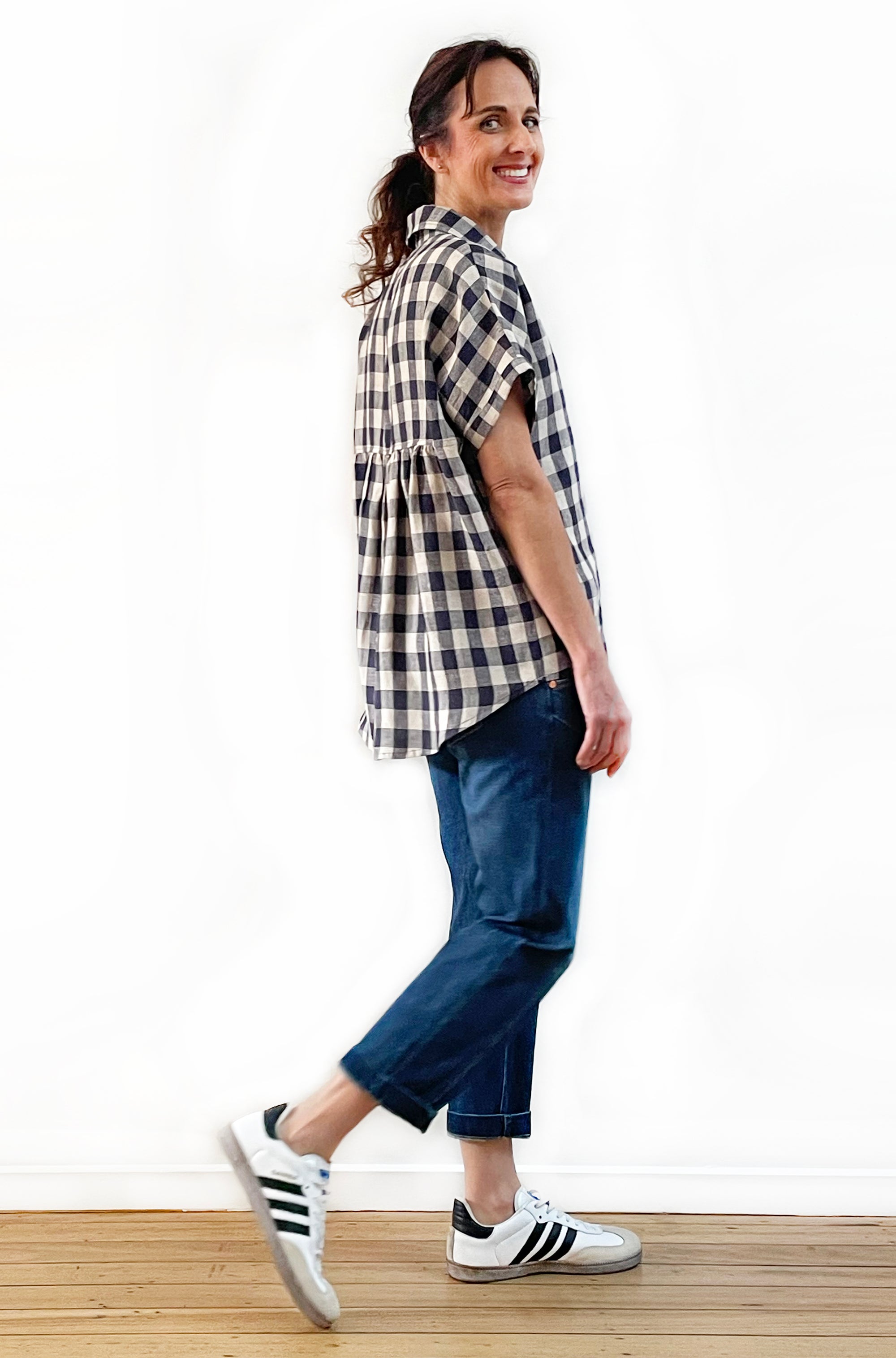 LINEN GATHERED BACK SHIRT GINGHAM