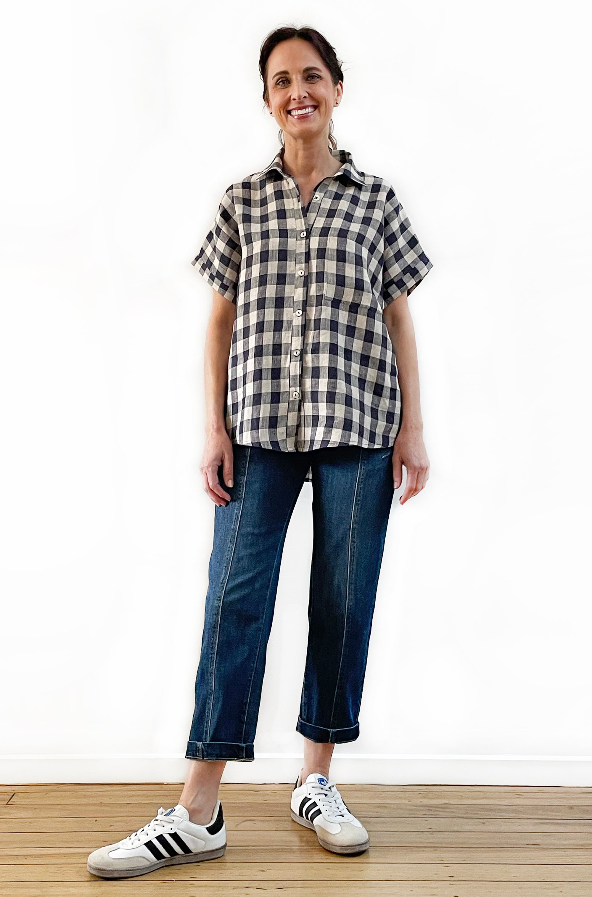 LINEN GATHERED BACK SHIRT GINGHAM