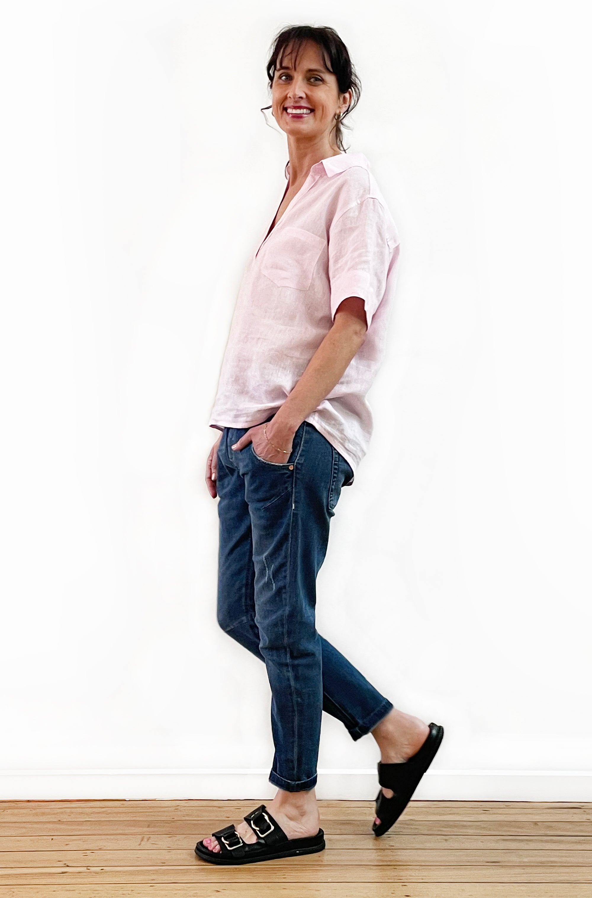 LINEN SHORT SLEEVE POPOVER SHIRT SOFT PINK