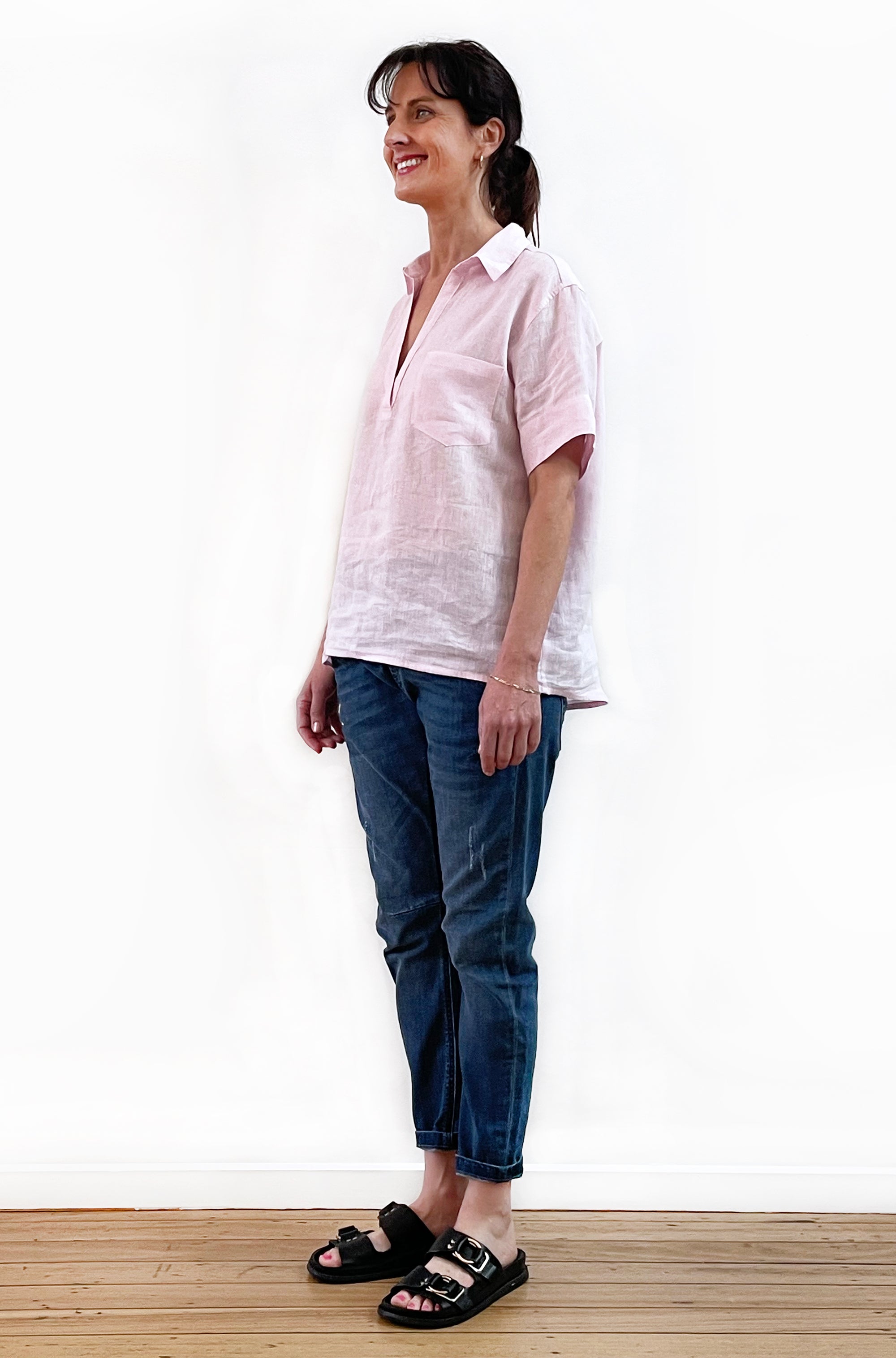 LINEN SHORT SLEEVE POPOVER SHIRT SOFT PINK
