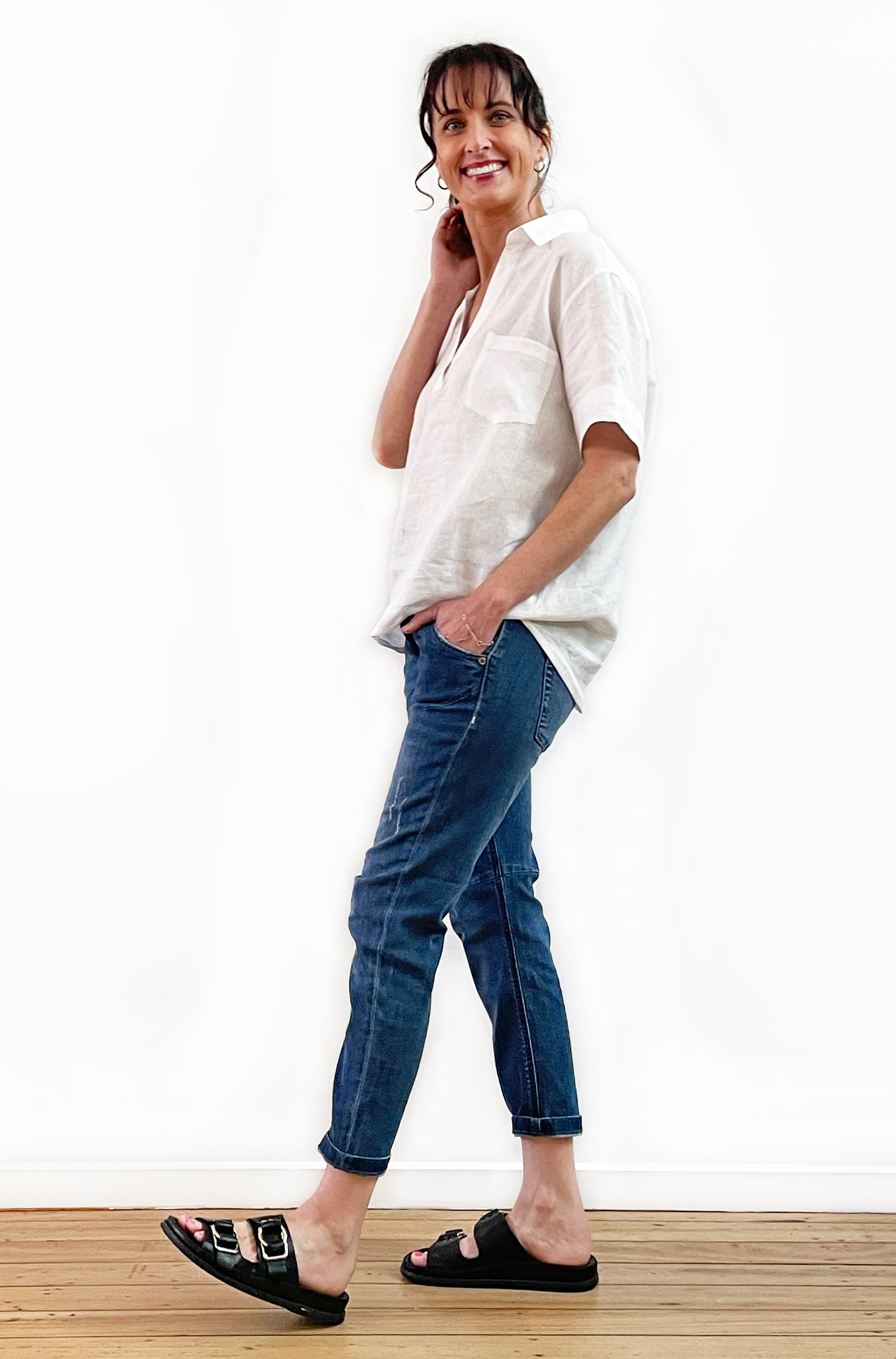 LINEN SHORT SLEEVE POPOVER SHIRT WHITE