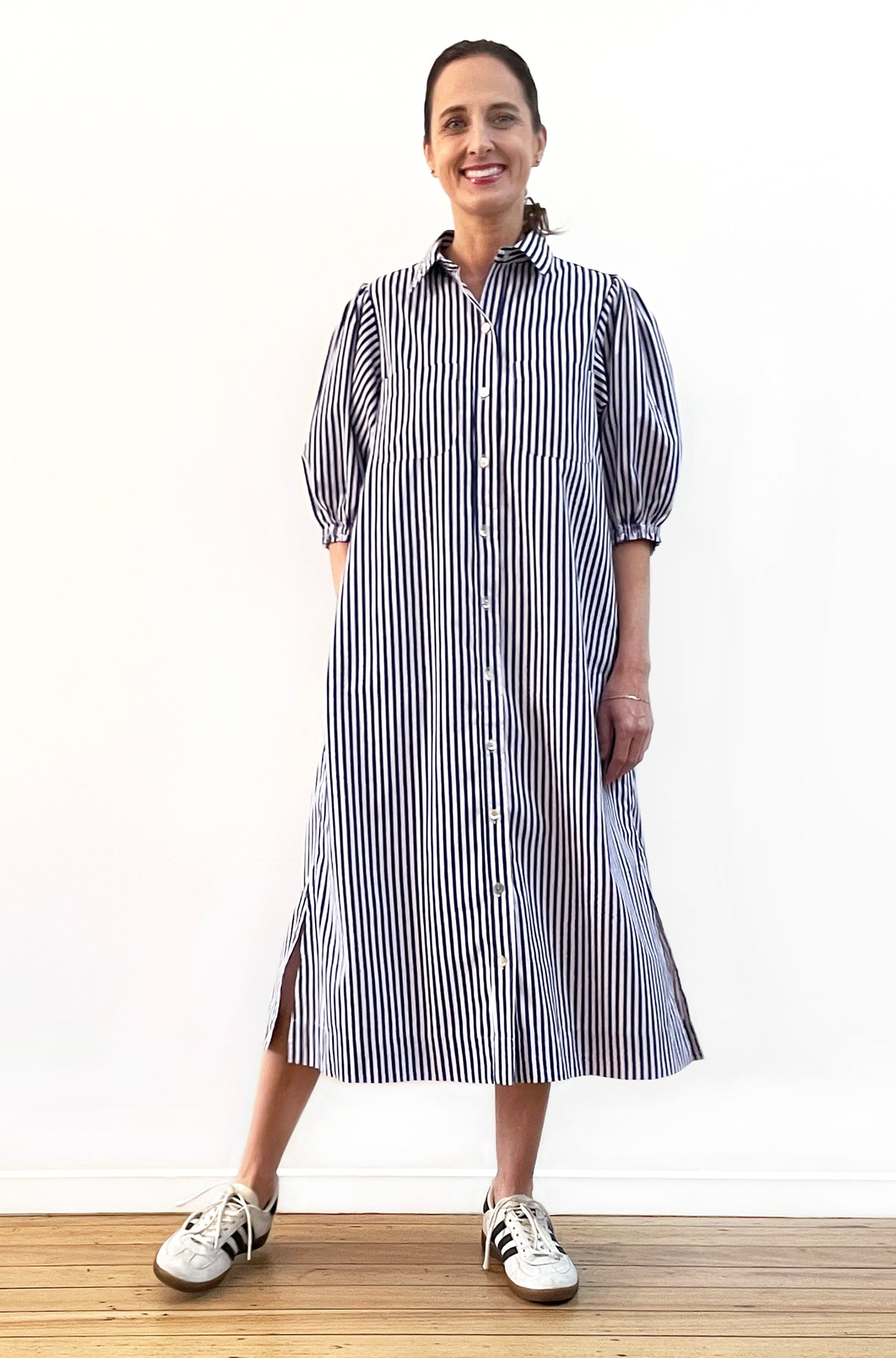 COTTON PUFF SLEEVE SHIRT DRESS NAVY/LILAC STRIPE