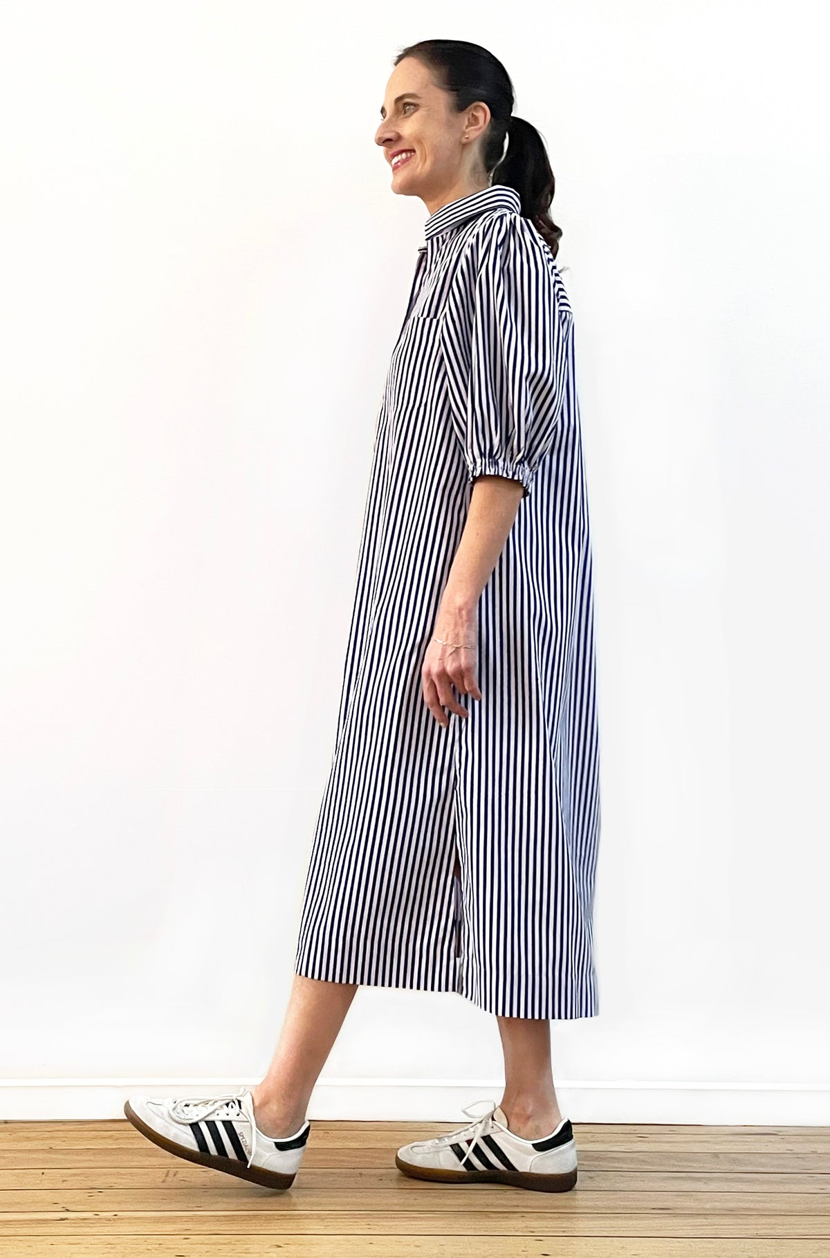 COTTON PUFF SLEEVE SHIRT DRESS NAVY/LILAC STRIPE