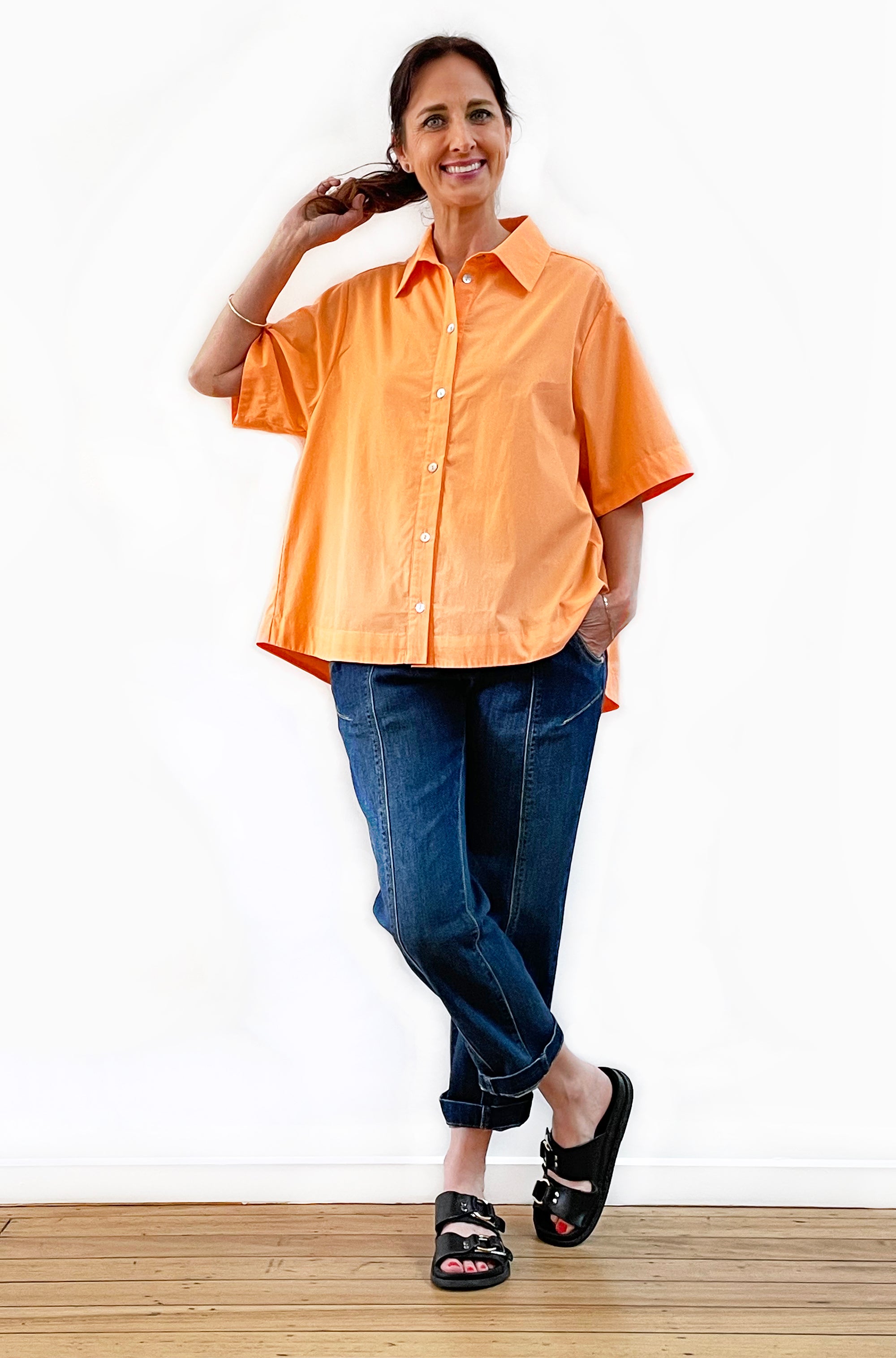 COTTON GATHERED BACK SWING SHIRT ORANGE FIZZ