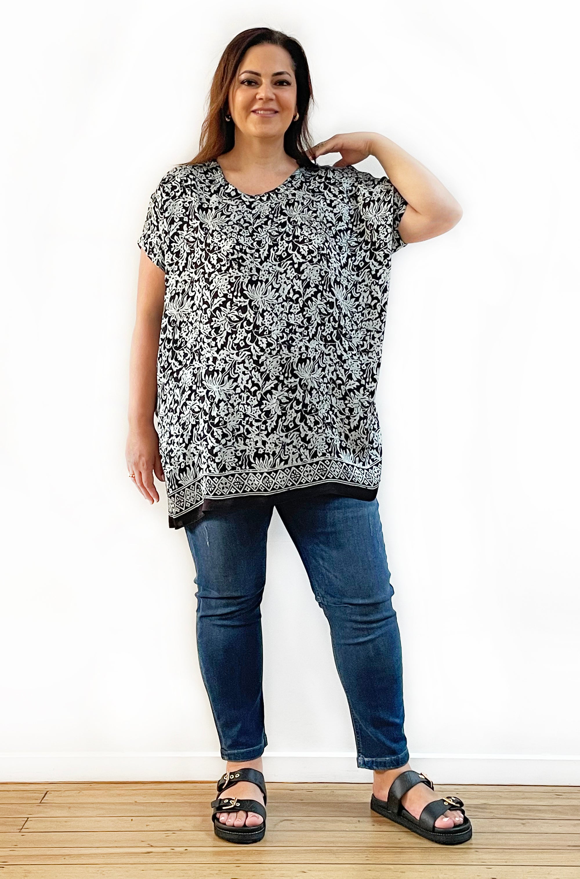 SILK TUNIC IN SOFT SAGE AND BLACK FLORAL PRINT