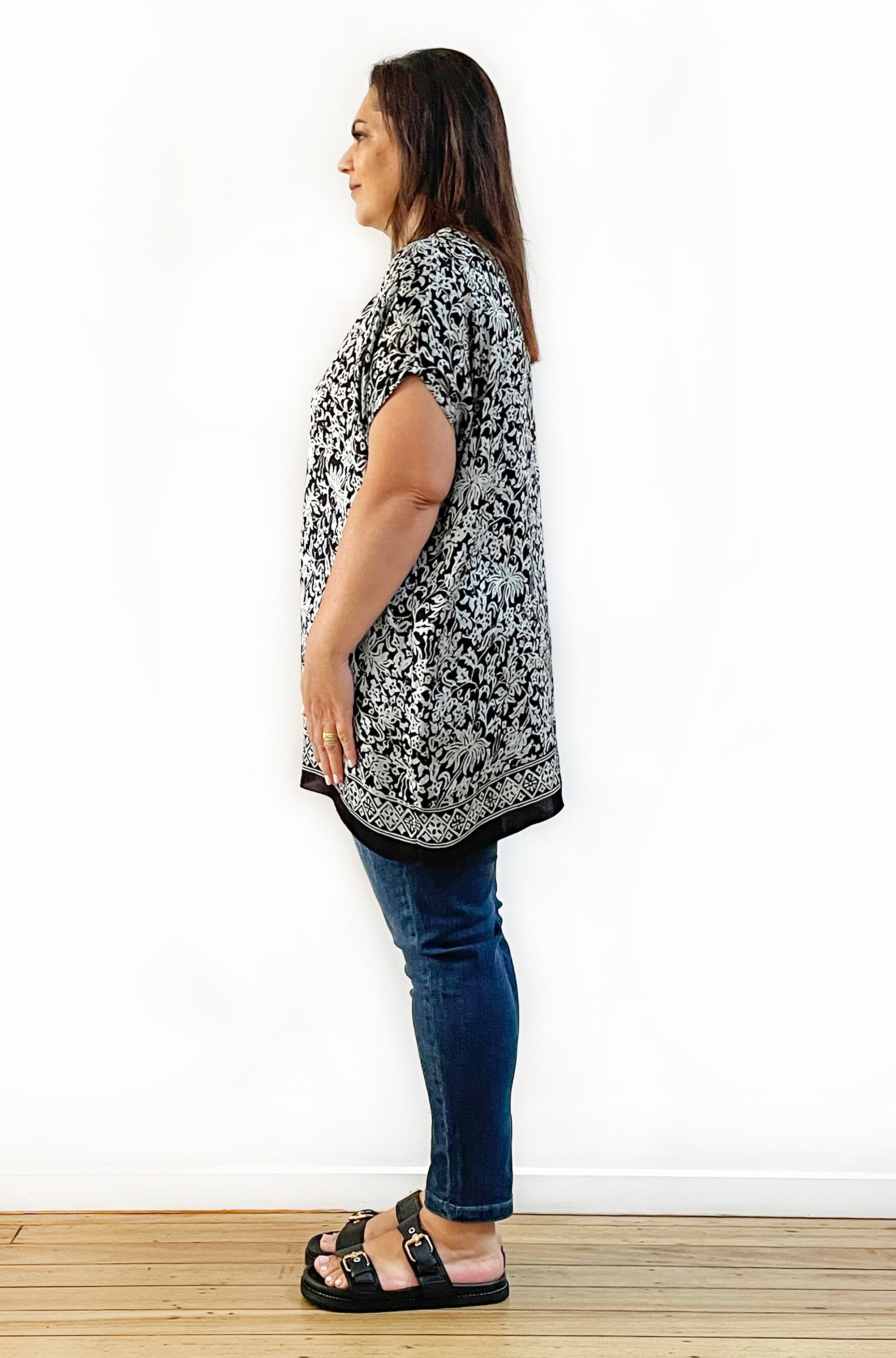 SILK TUNIC IN SOFT SAGE AND BLACK FLORAL PRINT