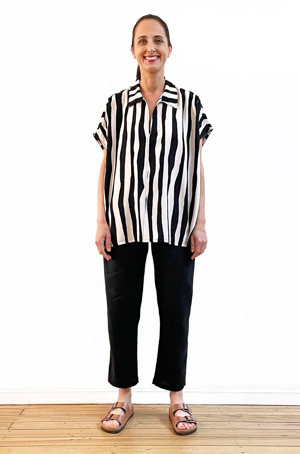 STRIPE PRINT POPOVER SHIRT BLACK
