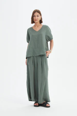 TIRELLI LINEN BISHOP SLEEVE TOP PETROL
