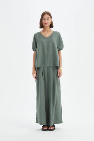 TIRELLI LINEN BISHOP SLEEVE TOP PETROL