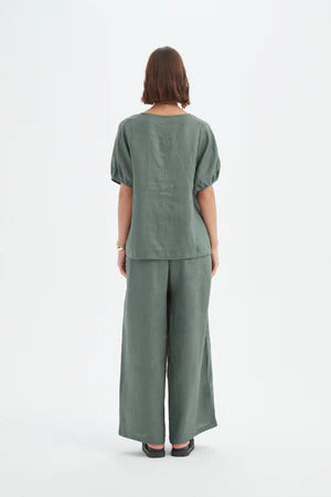 TIRELLI LINEN BISHOP SLEEVE TOP PETROL