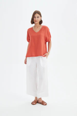 TIRELLI LINEN BISHOP SLEEVE TOP RUST