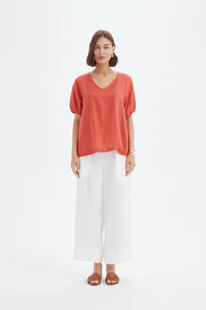 TIRELLI LINEN BISHOP SLEEVE TOP RUST