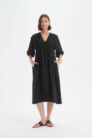 TIRELLI LINEN PUFF SLEEVE GATHER FRONT DRESS BLACK