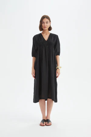 TIRELLI LINEN PUFF SLEEVE GATHER FRONT DRESS BLACK