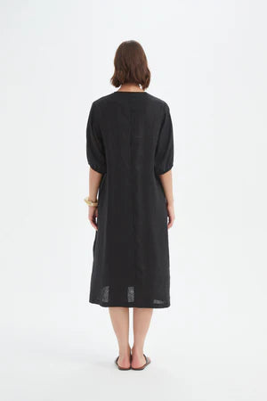 TIRELLI LINEN PUFF SLEEVE GATHER FRONT DRESS BLACK