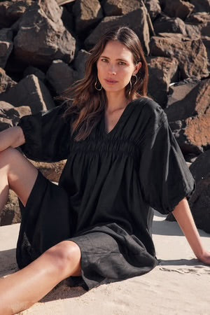 TIRELLI LINEN PUFF SLEEVE GATHER FRONT DRESS BLACK