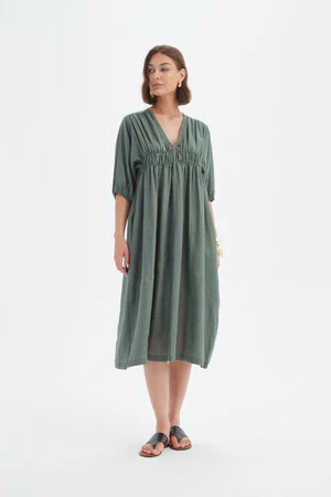 TIRELLI LINEN PUFF SLEEVE GATHER FRONT DRESS PETROL