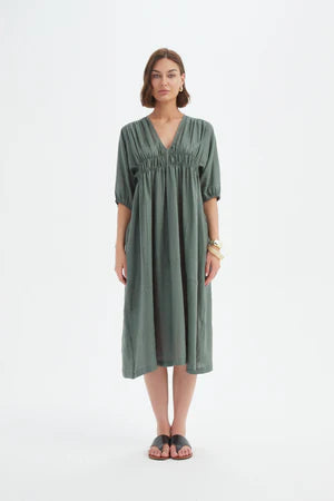 TIRELLI LINEN PUFF SLEEVE GATHER FRONT DRESS PETROL