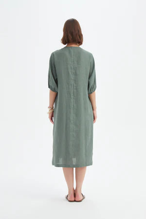 TIRELLI LINEN PUFF SLEEVE GATHER FRONT DRESS PETROL