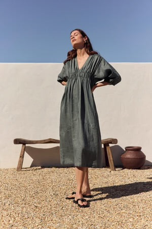 TIRELLI LINEN PUFF SLEEVE GATHER FRONT DRESS PETROL
