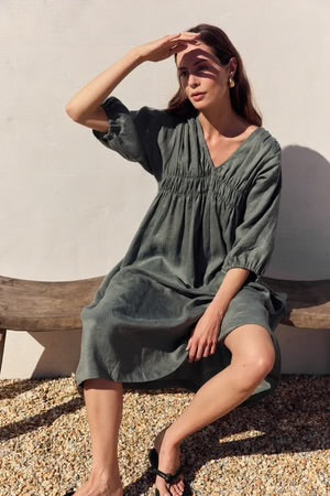 TIRELLI LINEN PUFF SLEEVE GATHER FRONT DRESS PETROL