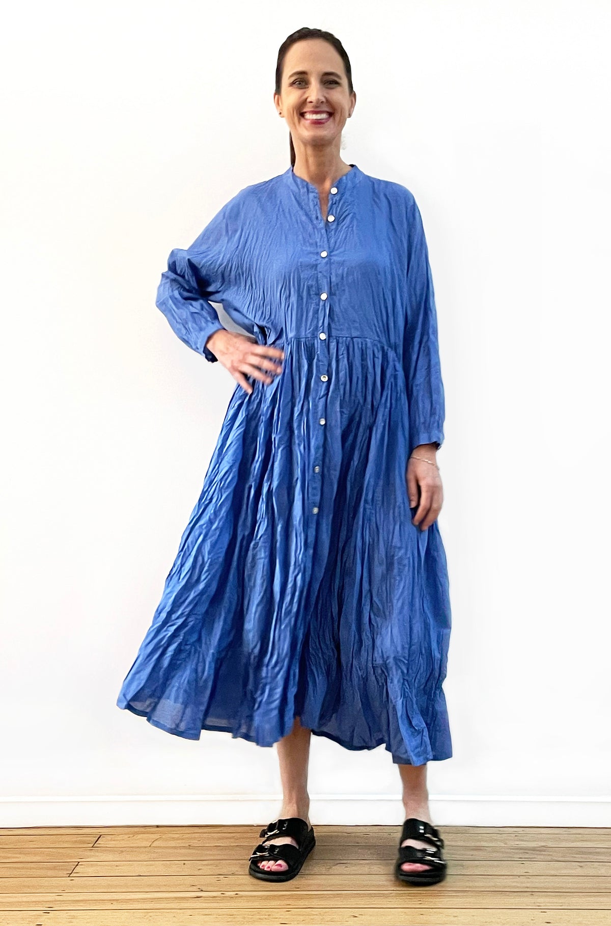 COTTON TWIST & GO BUTTON THRU DRESS OCEAN BLUE