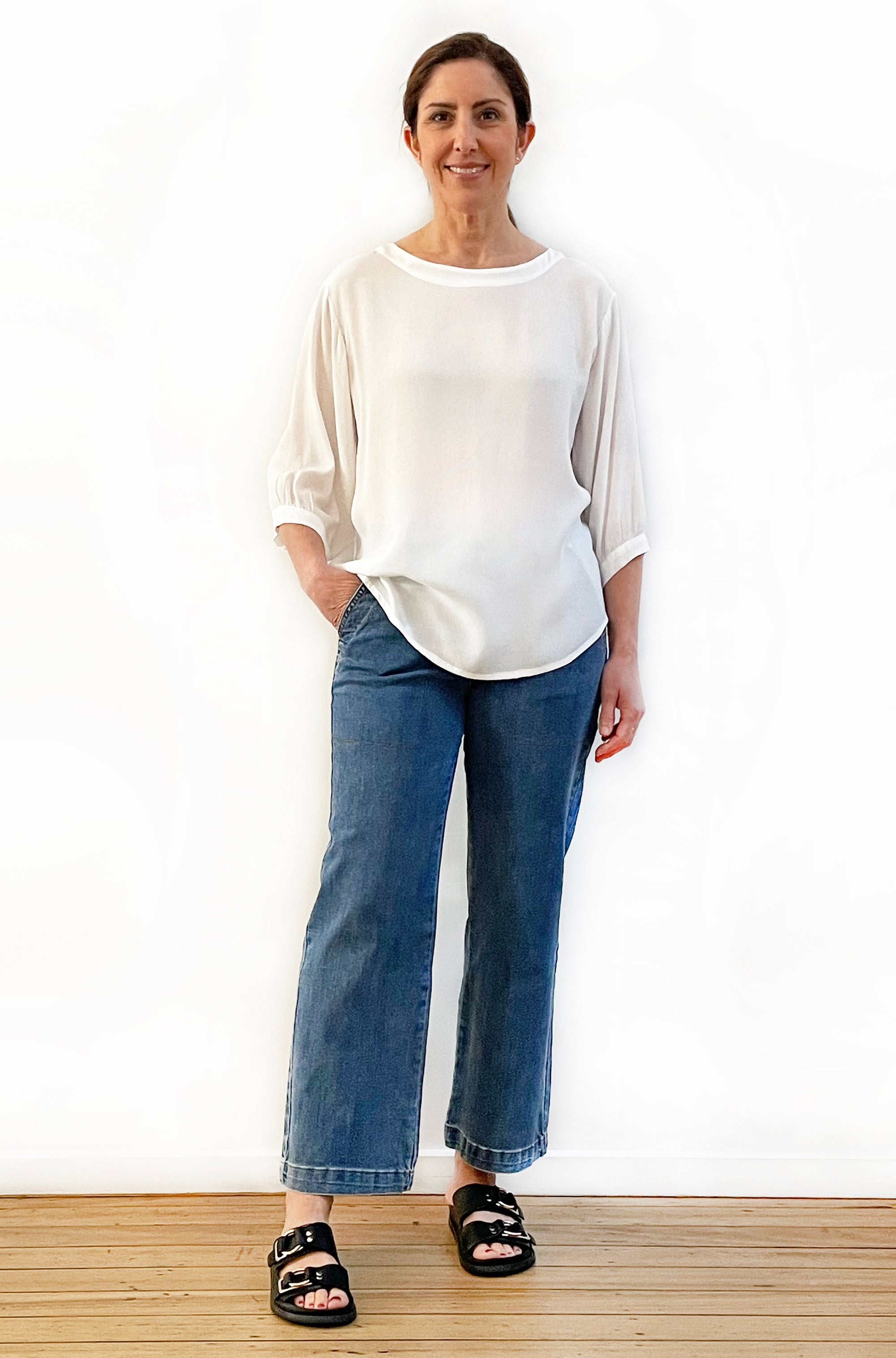 VISCOSE GATHERED SLEEVE TOP IVORY