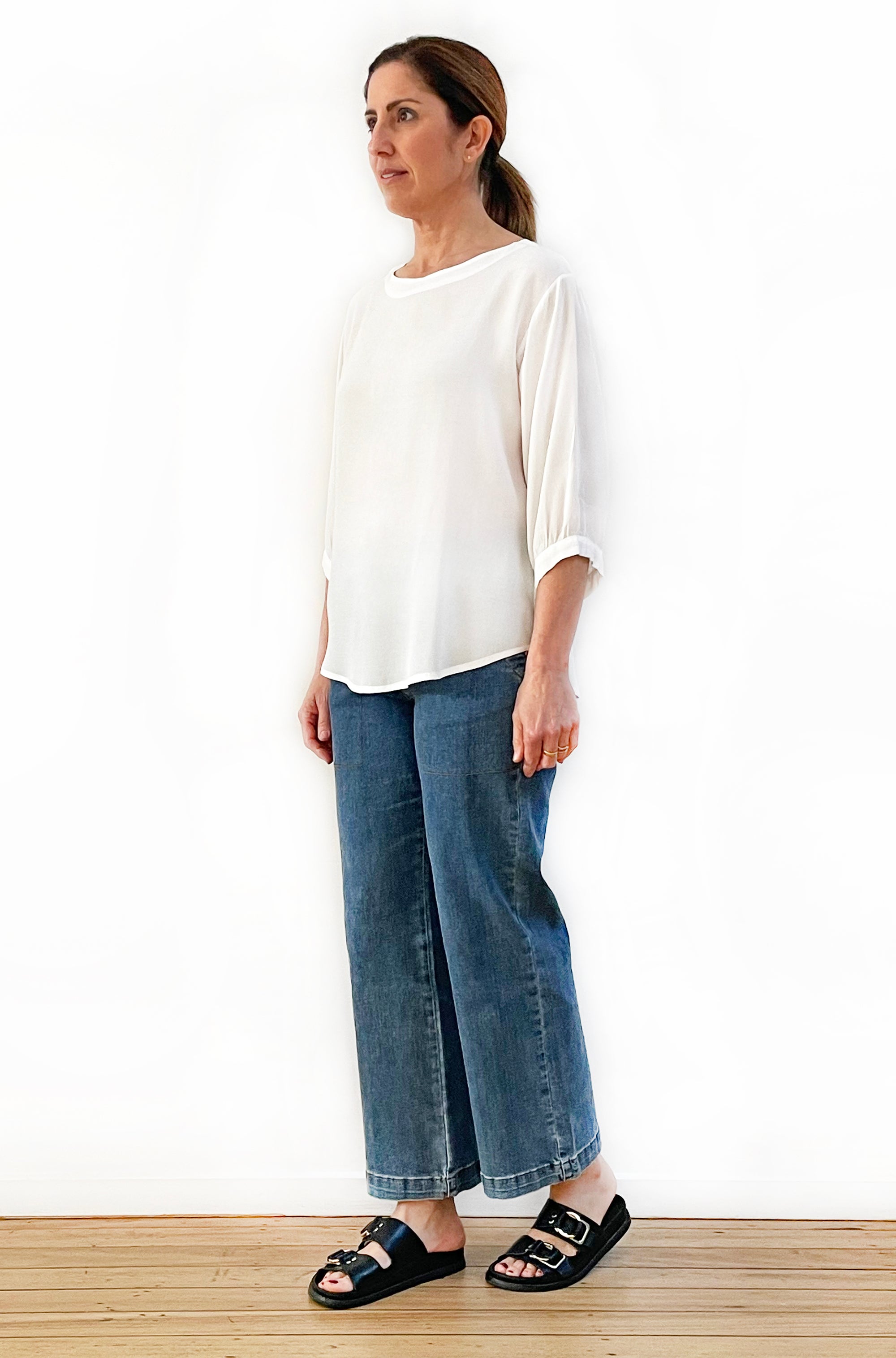 VISCOSE GATHERED SLEEVE TOP IVORY